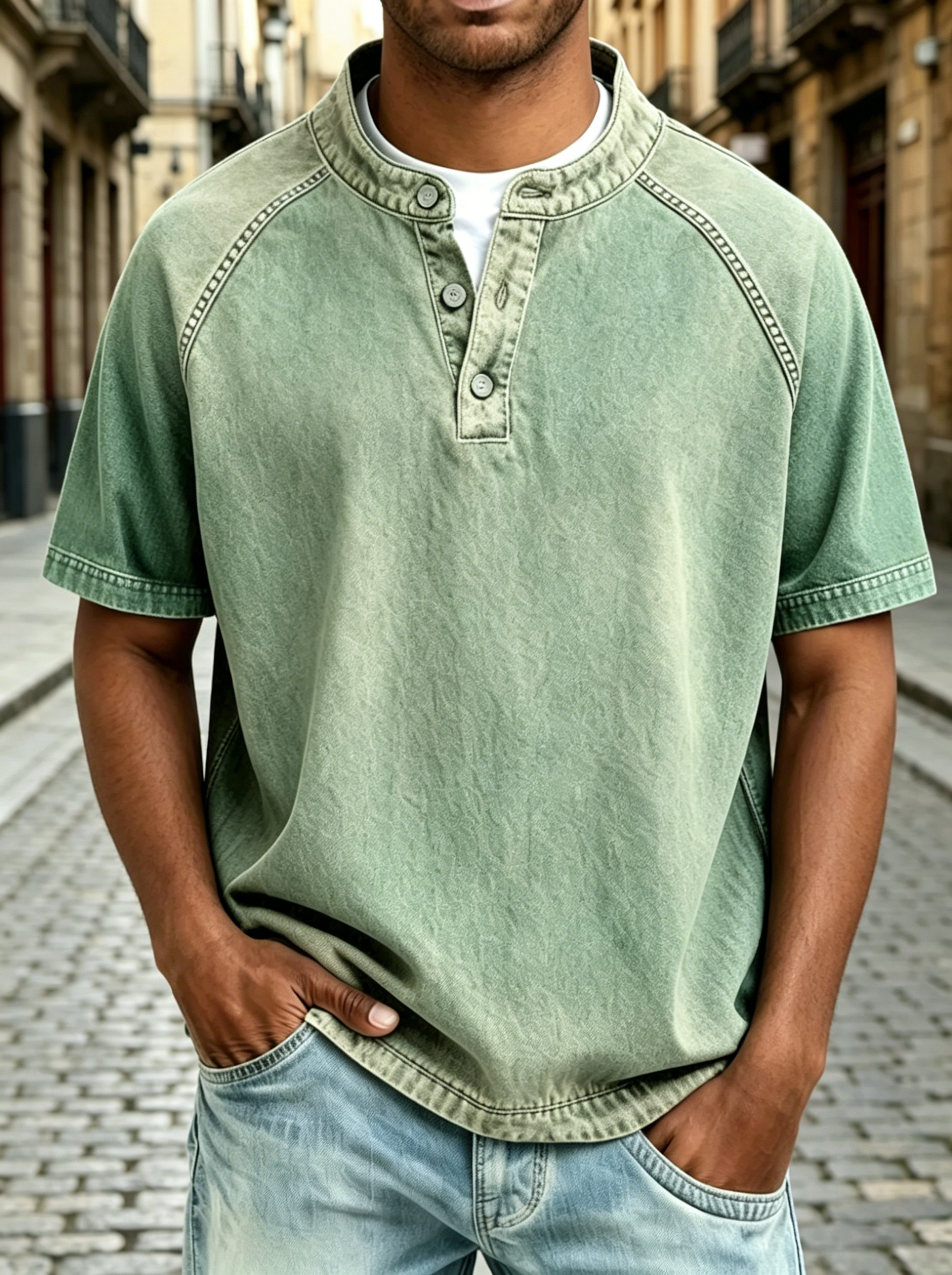 Henley Three Button Washed Raglan Short Sleeve Tee for Men