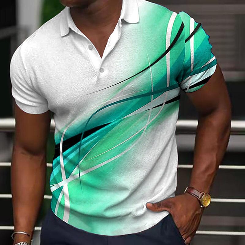 Gradient Abstract Curve Print Lapel Collar Polo Shirt for Men