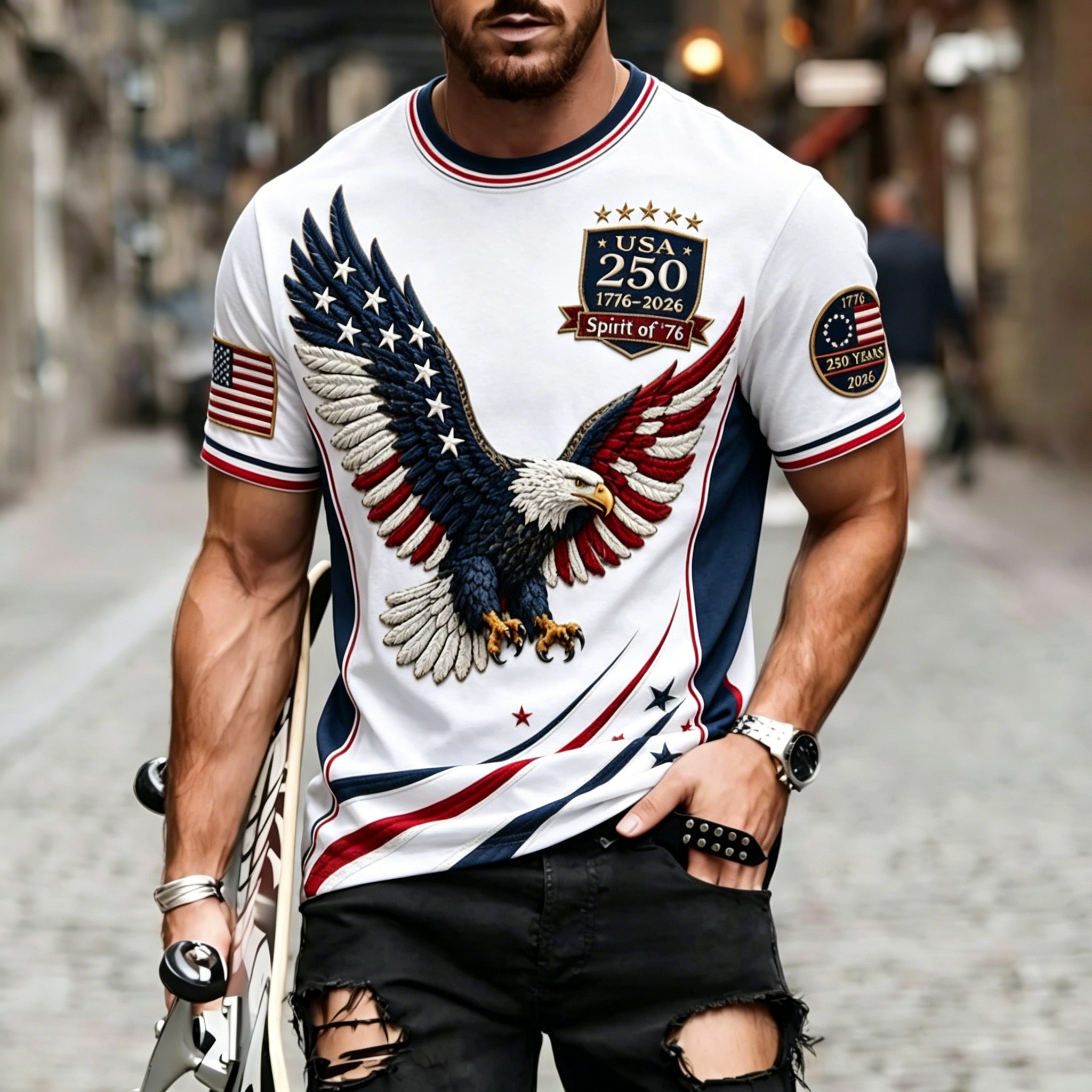250th Patriotic Eagle USA Badge Stripe Ringer Crew Neck T-Shirt for Men
