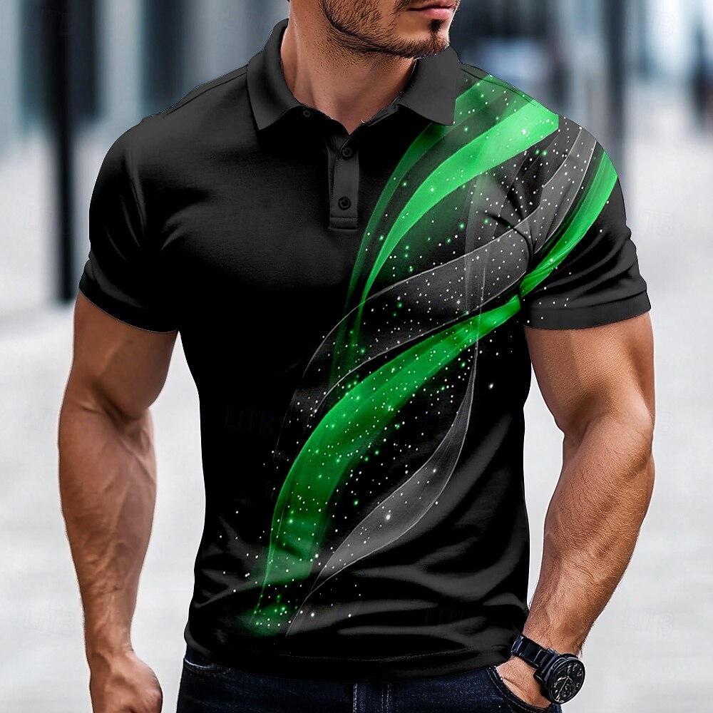 Cosmic Swirl Star Stream Print Collared Short Sleeve Polo Shirt for Men