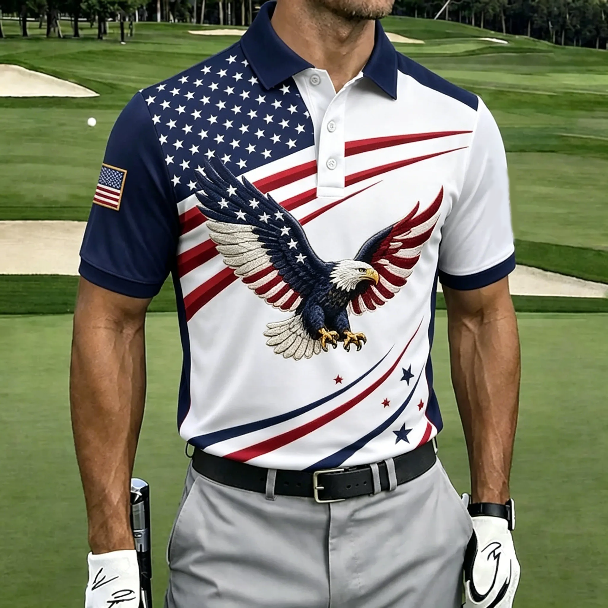 Bald Eagle Split Star Stripe Print Contrast Collar Golf Polo Shirt for Men