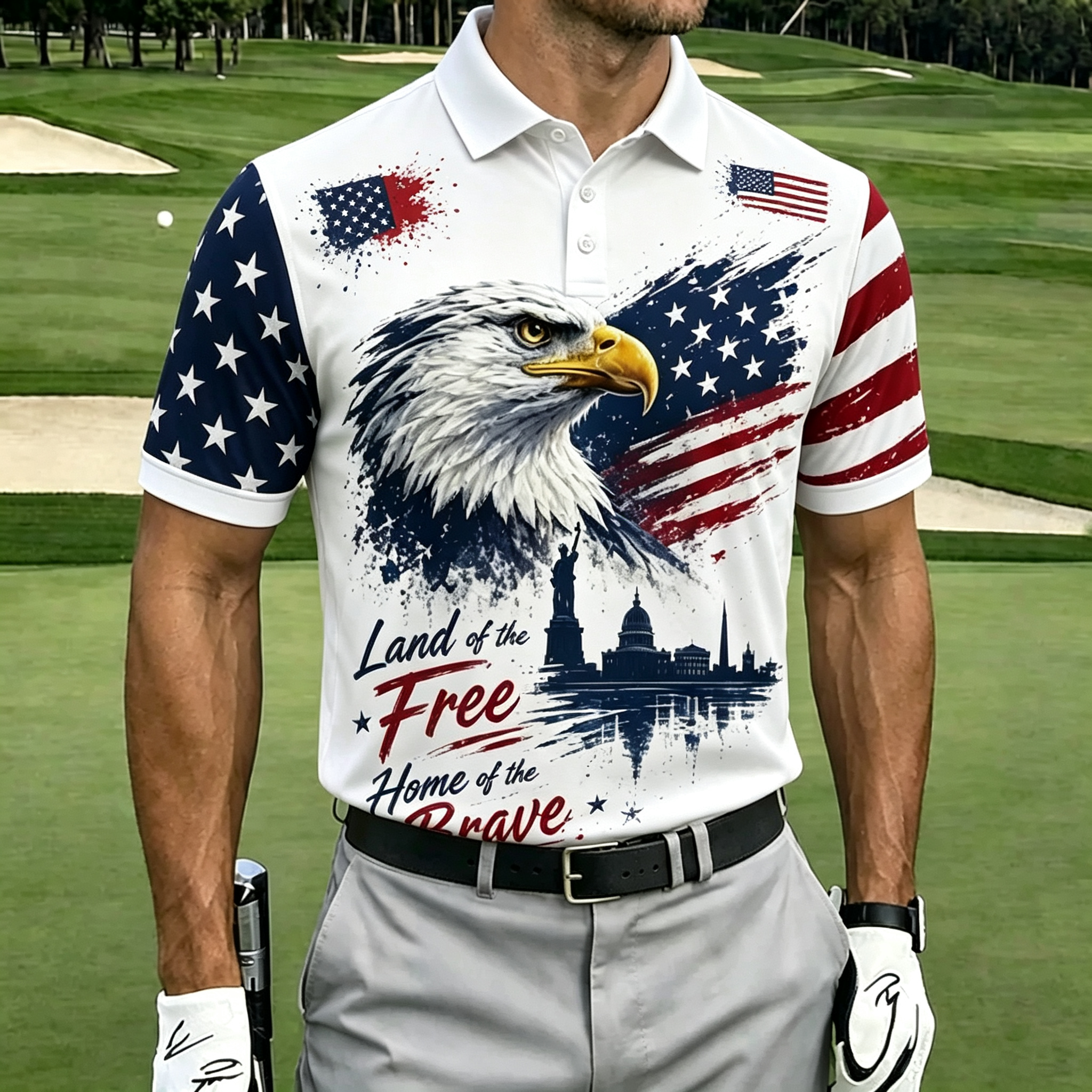 Artistic Splash Eagle Flag Landmark Performance Golf Polo