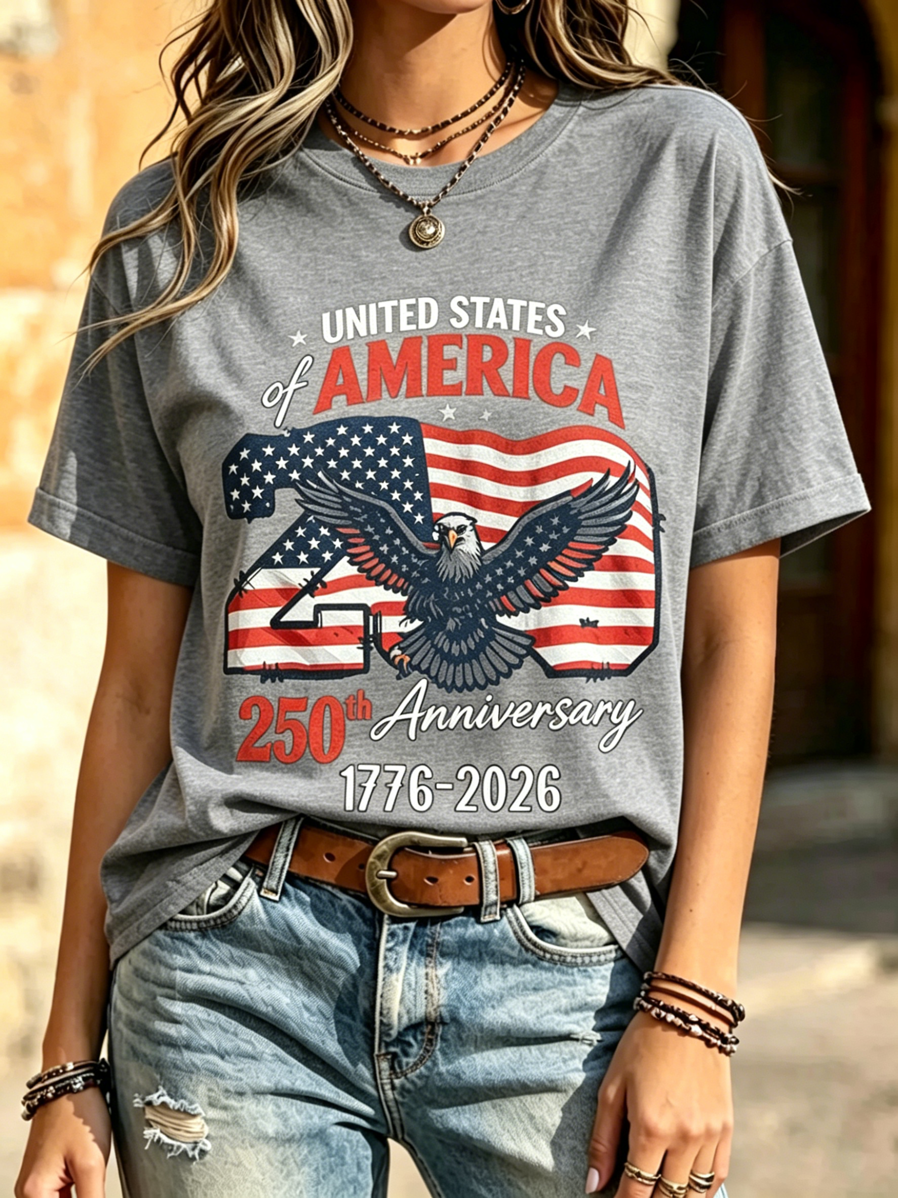250th USA Anniversary Eagle Flag Print Crew Neck Casual Patriotic Short Sleeve Tee