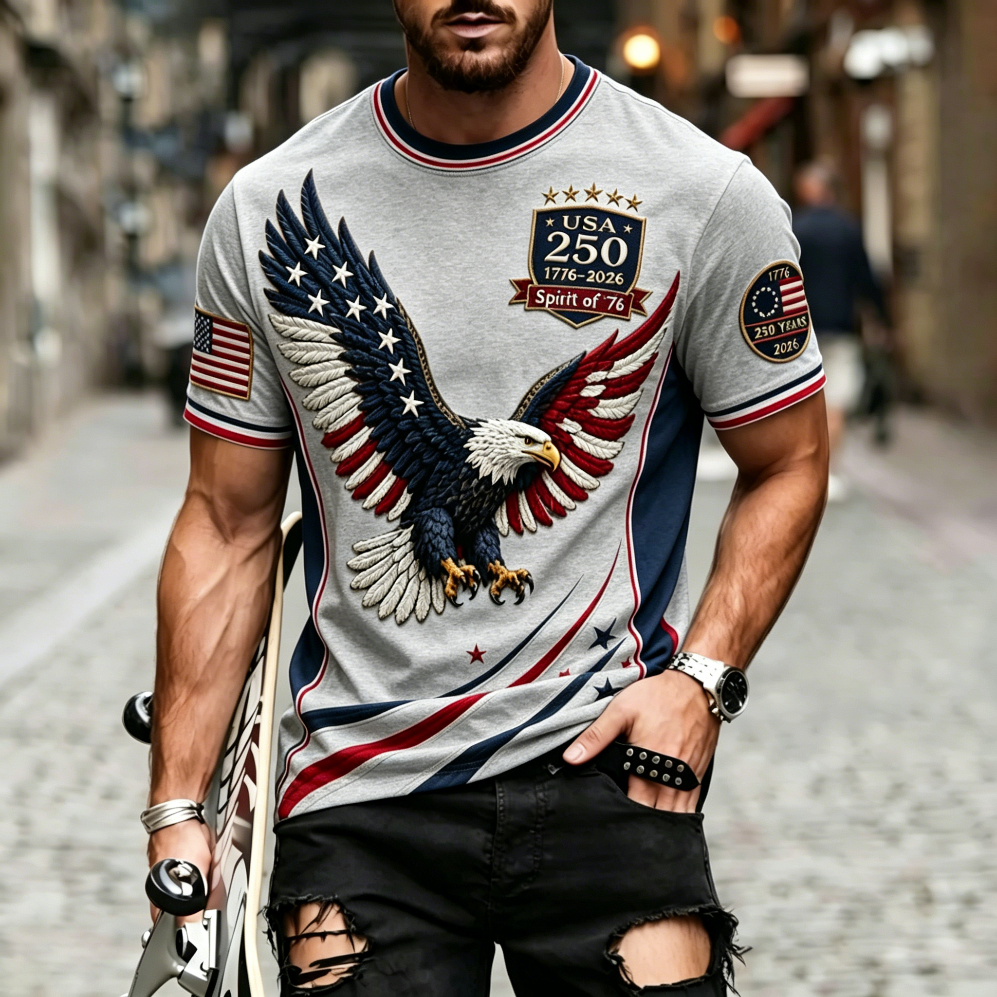 250th Patriotic Eagle USA Badge Stripe Ringer Crew Neck T-Shirt for Men