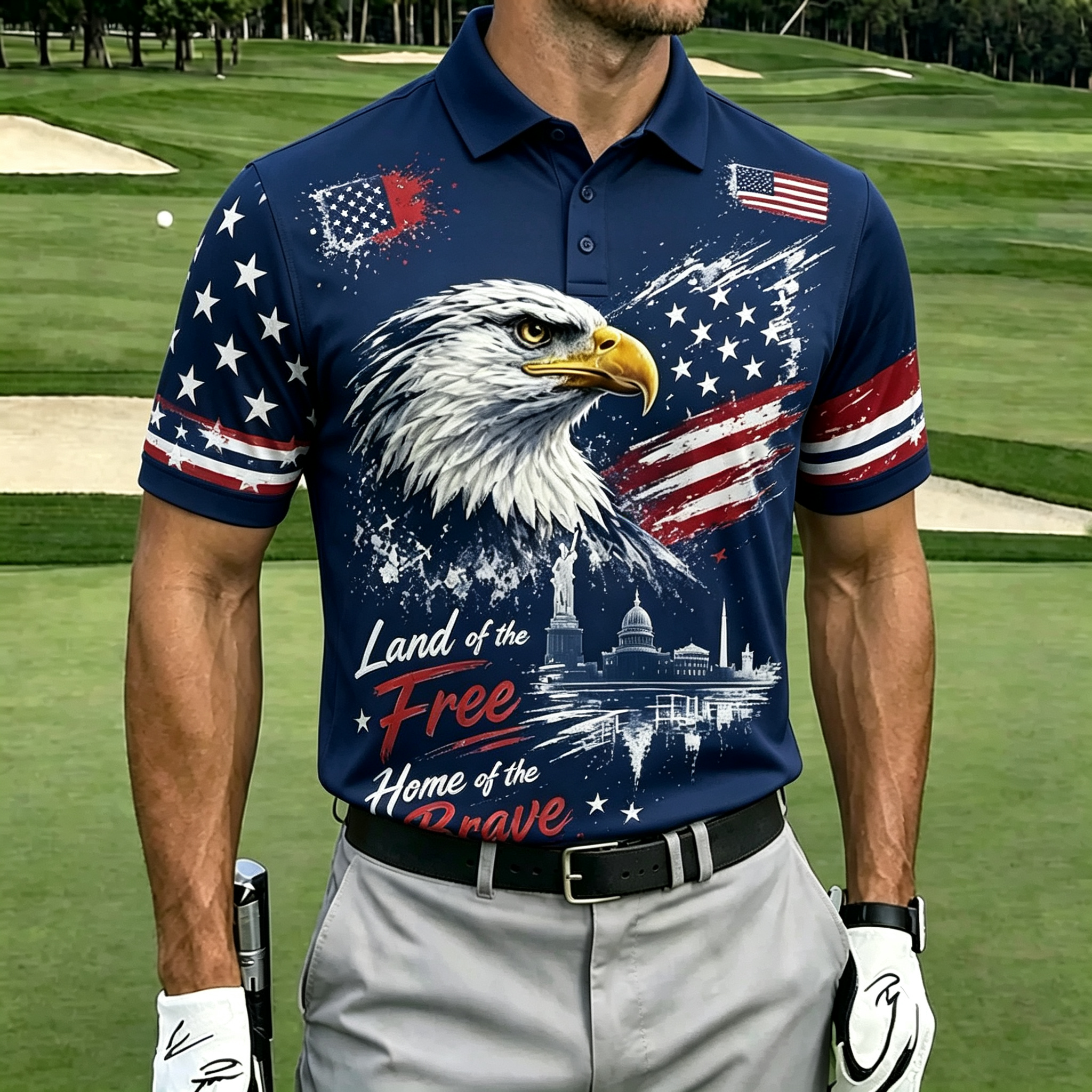 Artistic Splash Eagle Flag Landmark Performance Golf Polo