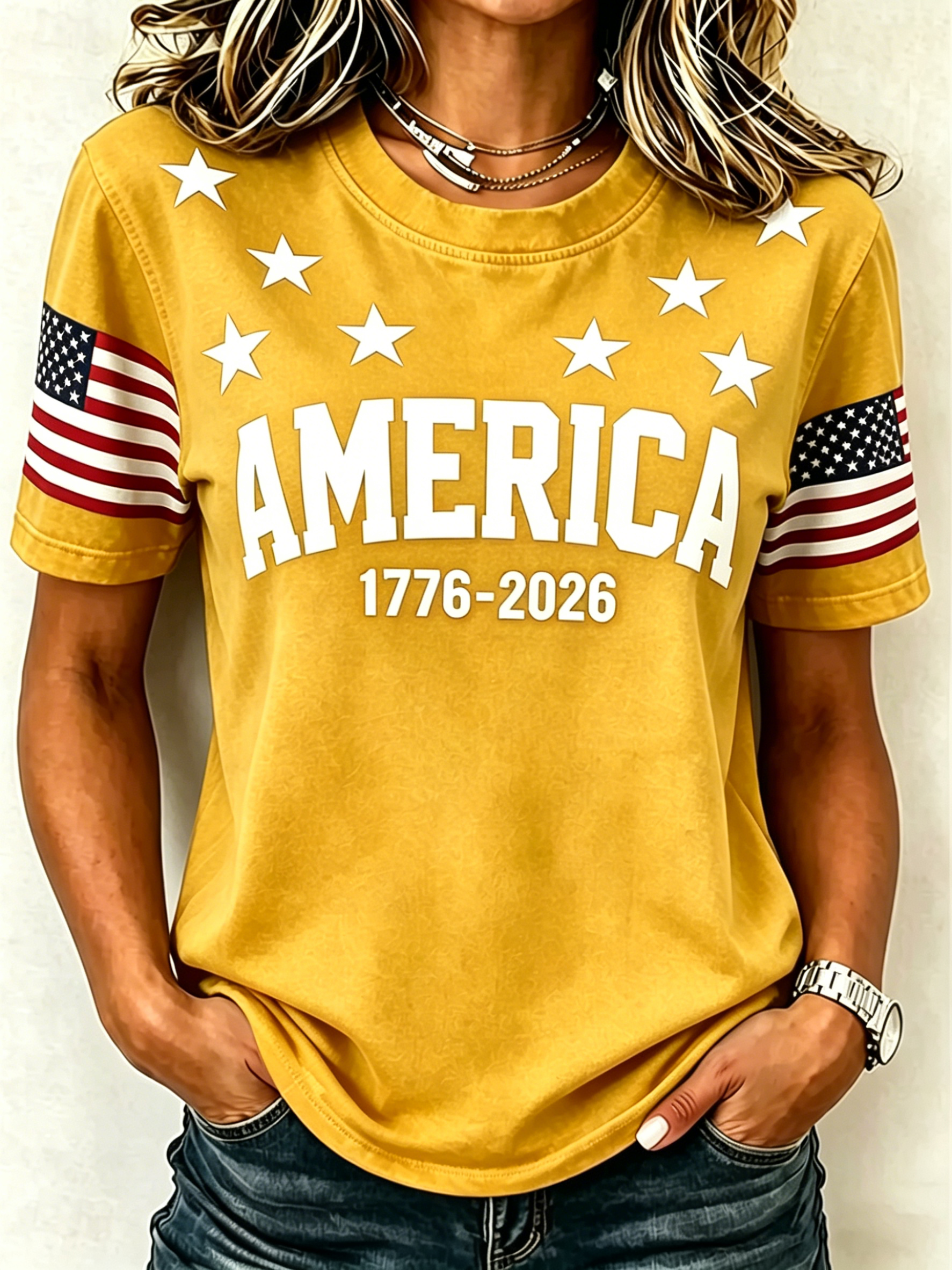 America 1776-2026 Patriotic Print Crew Neck Independence Day Casual T-Shirt for Women