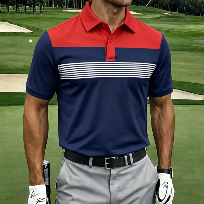 Color Block Stripe Collared Short Sleeve Golf Polo Shirt for Men