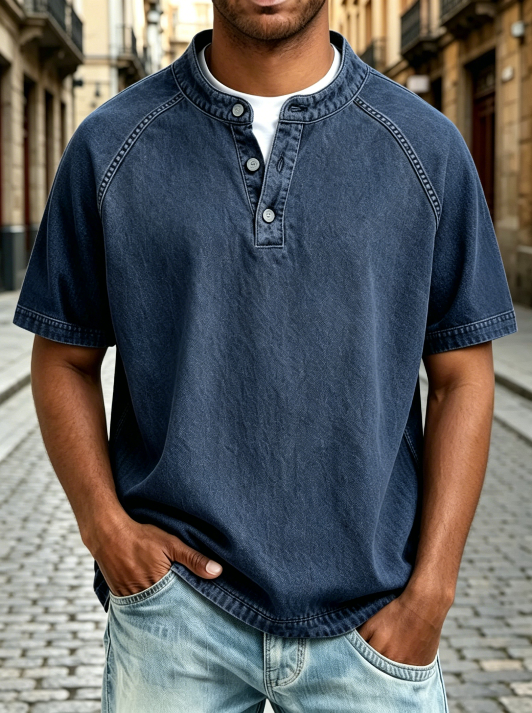 Henley Three Button Washed Raglan Short Sleeve Tee for Men