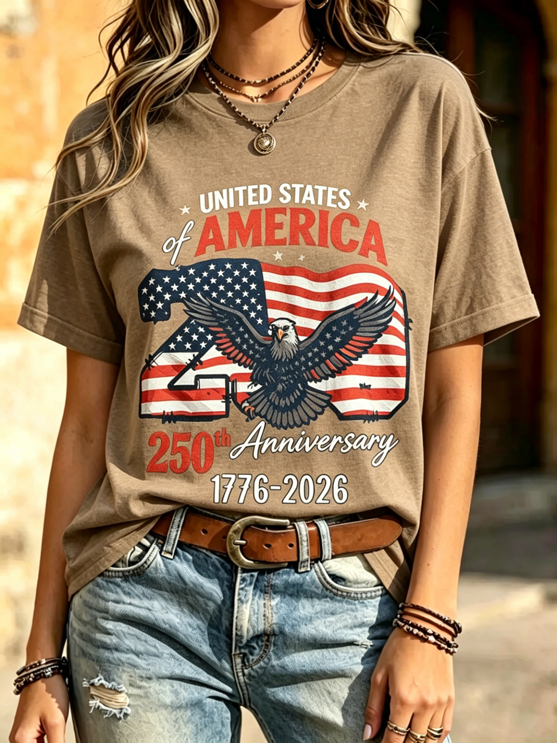 250th USA Anniversary Eagle Flag Print Crew Neck Casual Patriotic Short Sleeve Tee