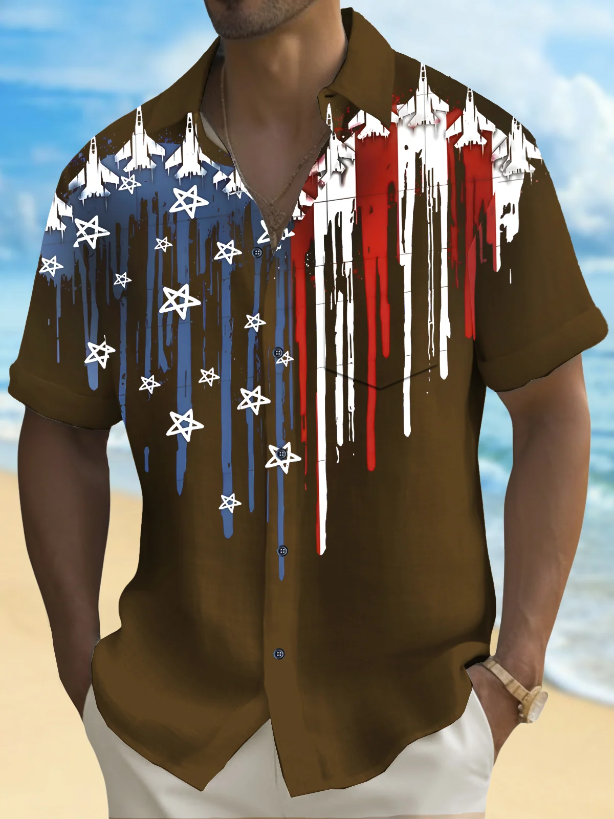 Independence Day Holiday Men's Hawaiian Shirt American Flag Art Stretch Quick Dry Surf Pocket Shirt Big Tall