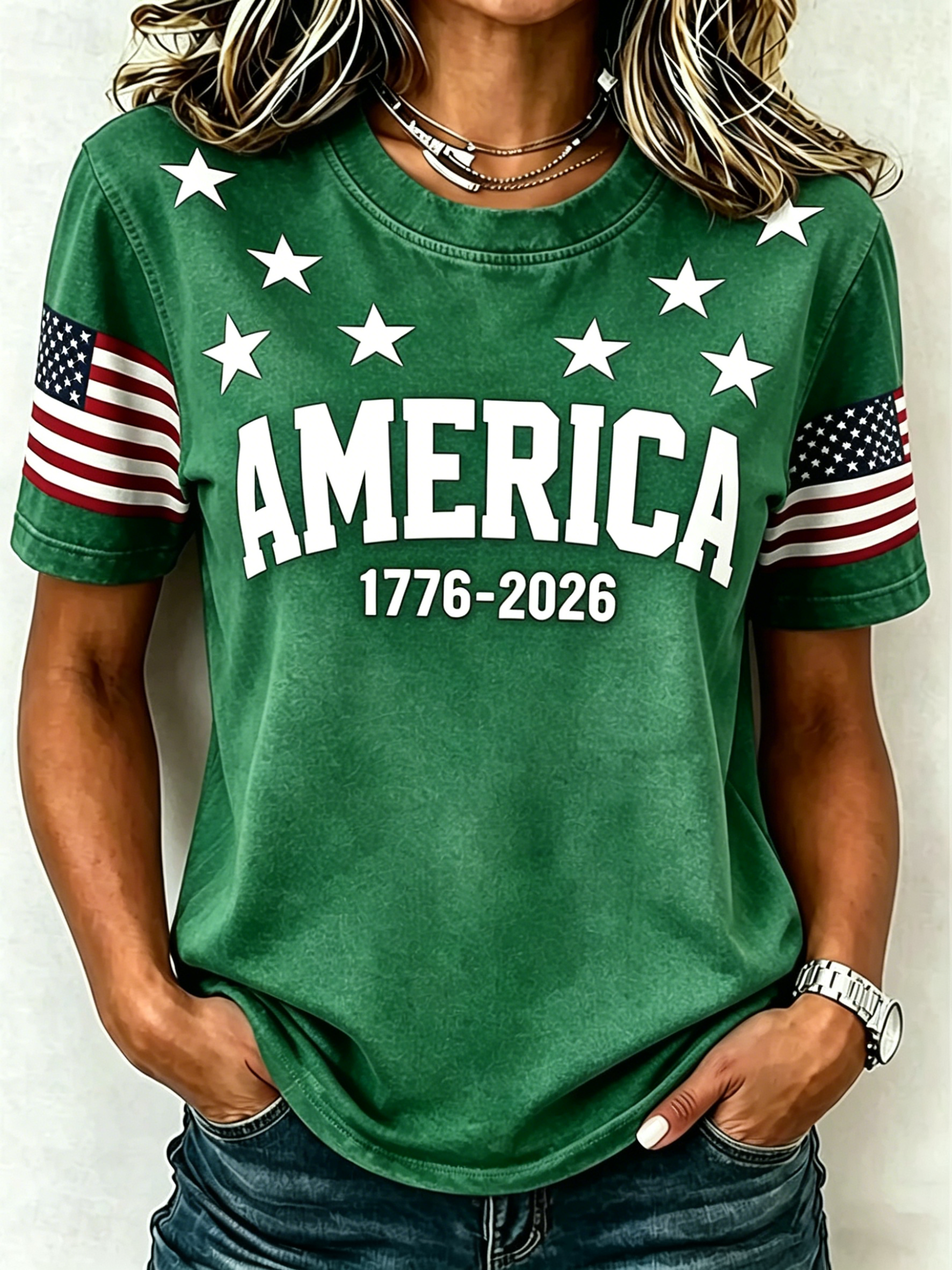 America 1776-2026 Patriotic Print Crew Neck Independence Day Casual T-Shirt for Women
