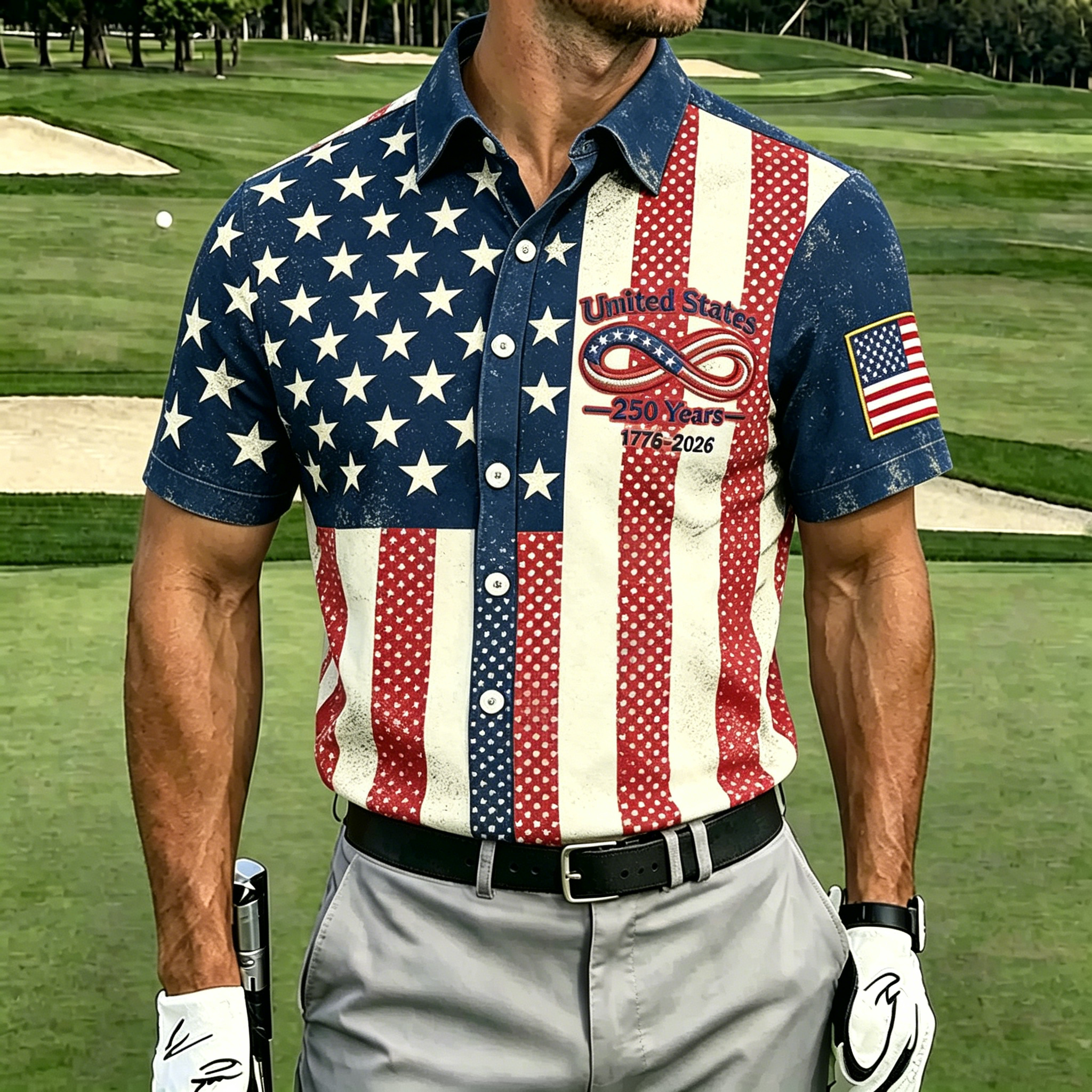 USA 250th Anniversary Denim Button-Down Shirt – Vintage American Flag & Eagle Print, Patriotic Short Sleeve Casual Top