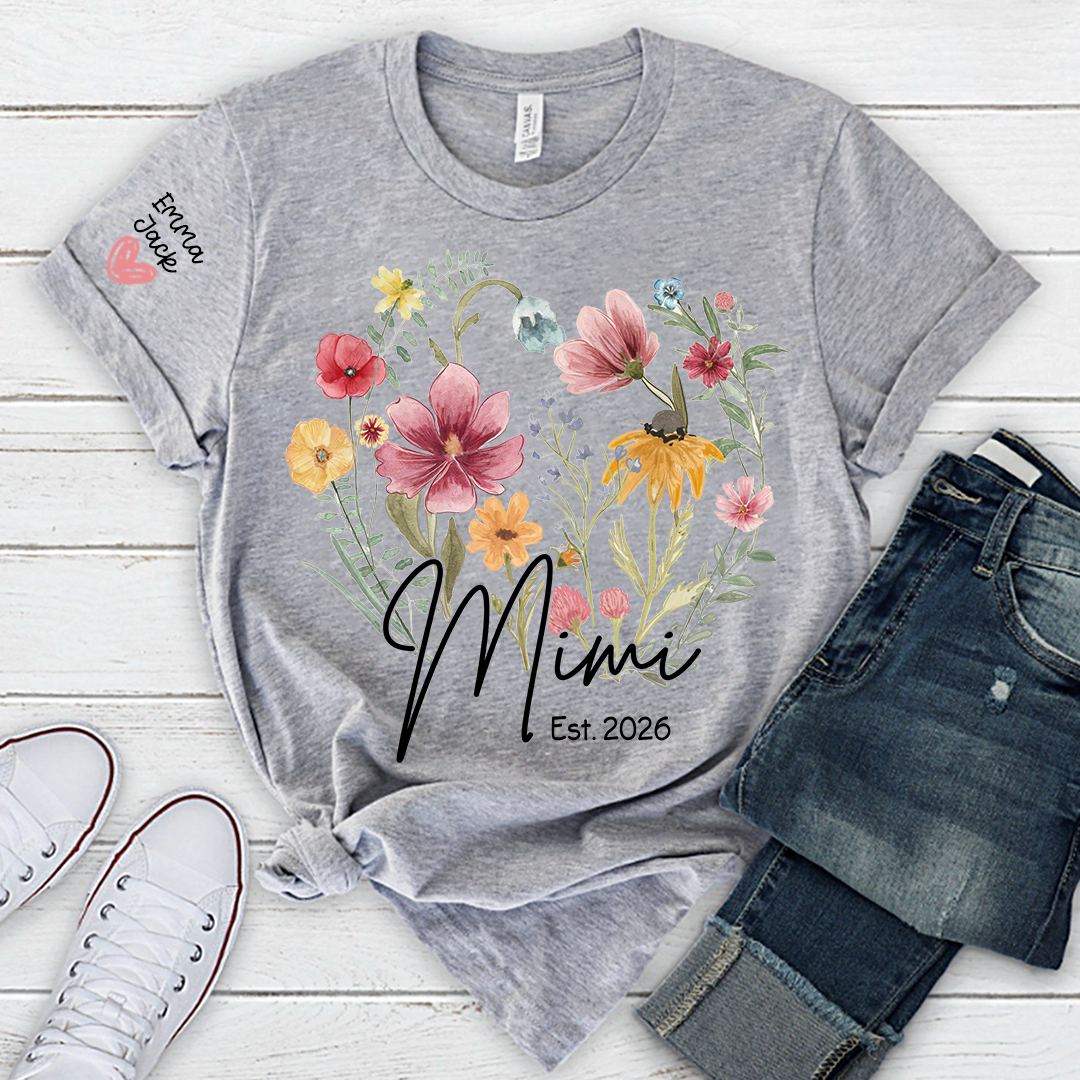 Mimi Est T-Shirt Personalized with Grandkids Names, Wildflower Floral Family Tee