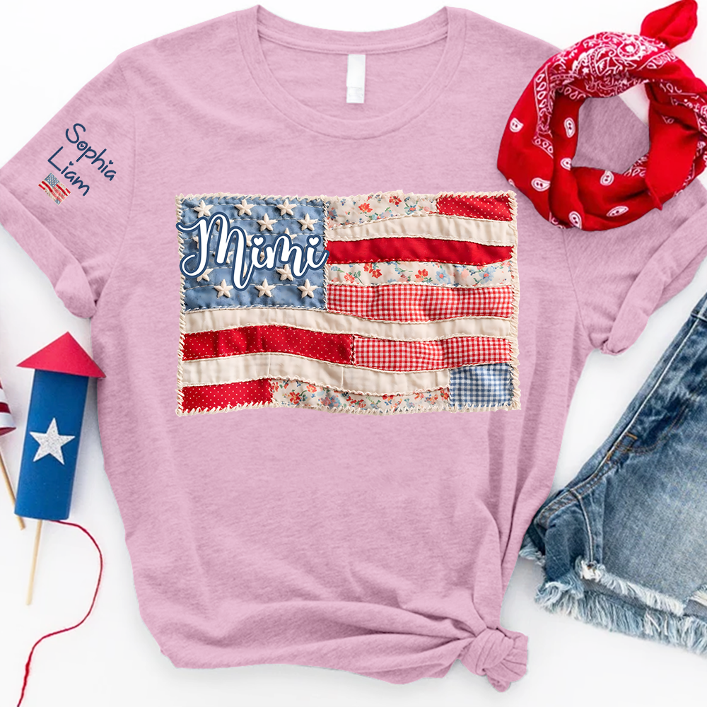 Mimi Shirt with Kids Names Patriotic Patchwork American Flag Design Custom Family Tee