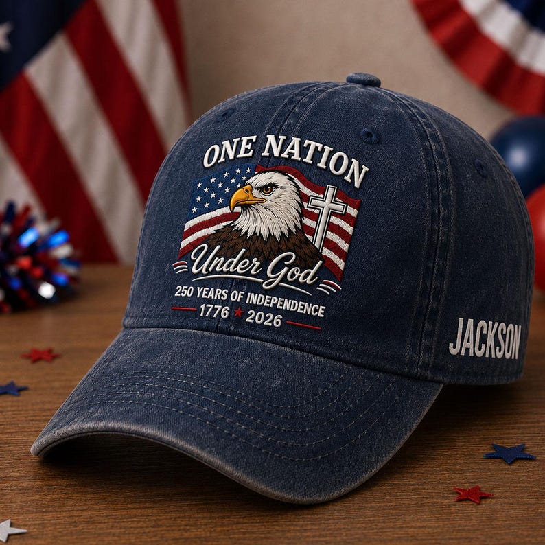 Vintage Washed Denim One Nation Under God Eagle Cross Flag Custom Name Print Curved Brim Adjustable Baseball Hat