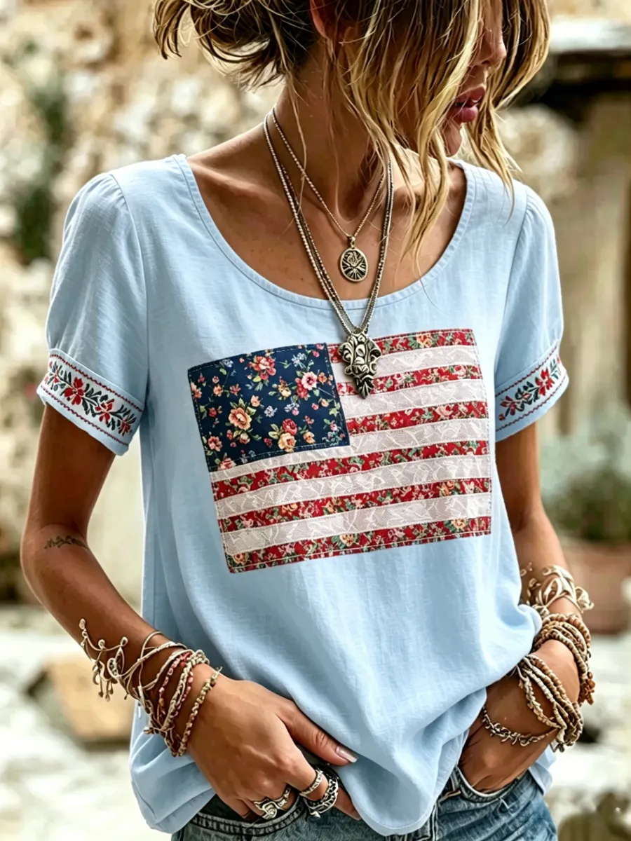 Trendy Boho Trim Cuff Round Neck Flag Print Loose Women Casual Summer Tee