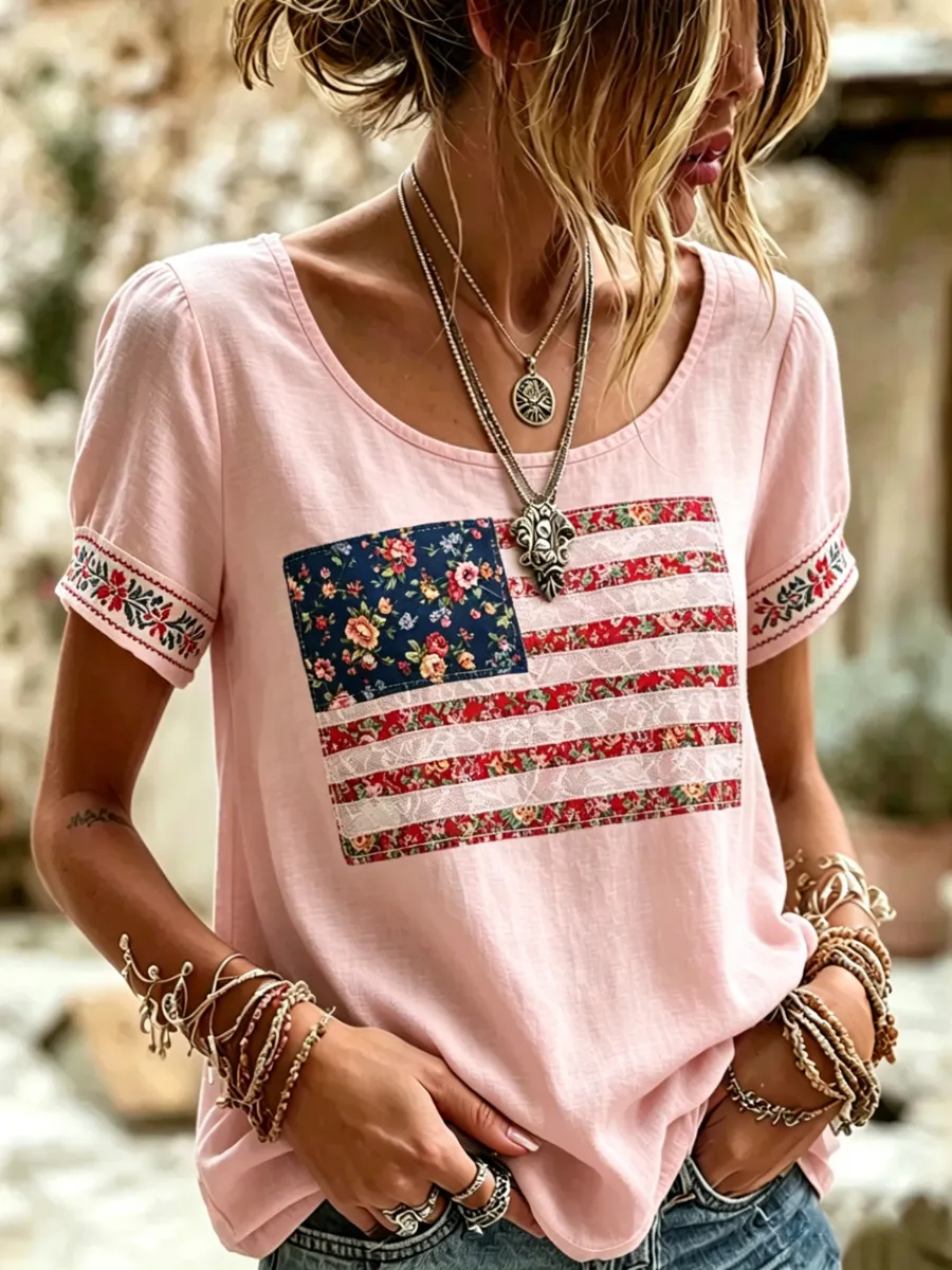 Trendy Boho Trim Cuff Round Neck Flag Print Loose Women Casual Summer Tee