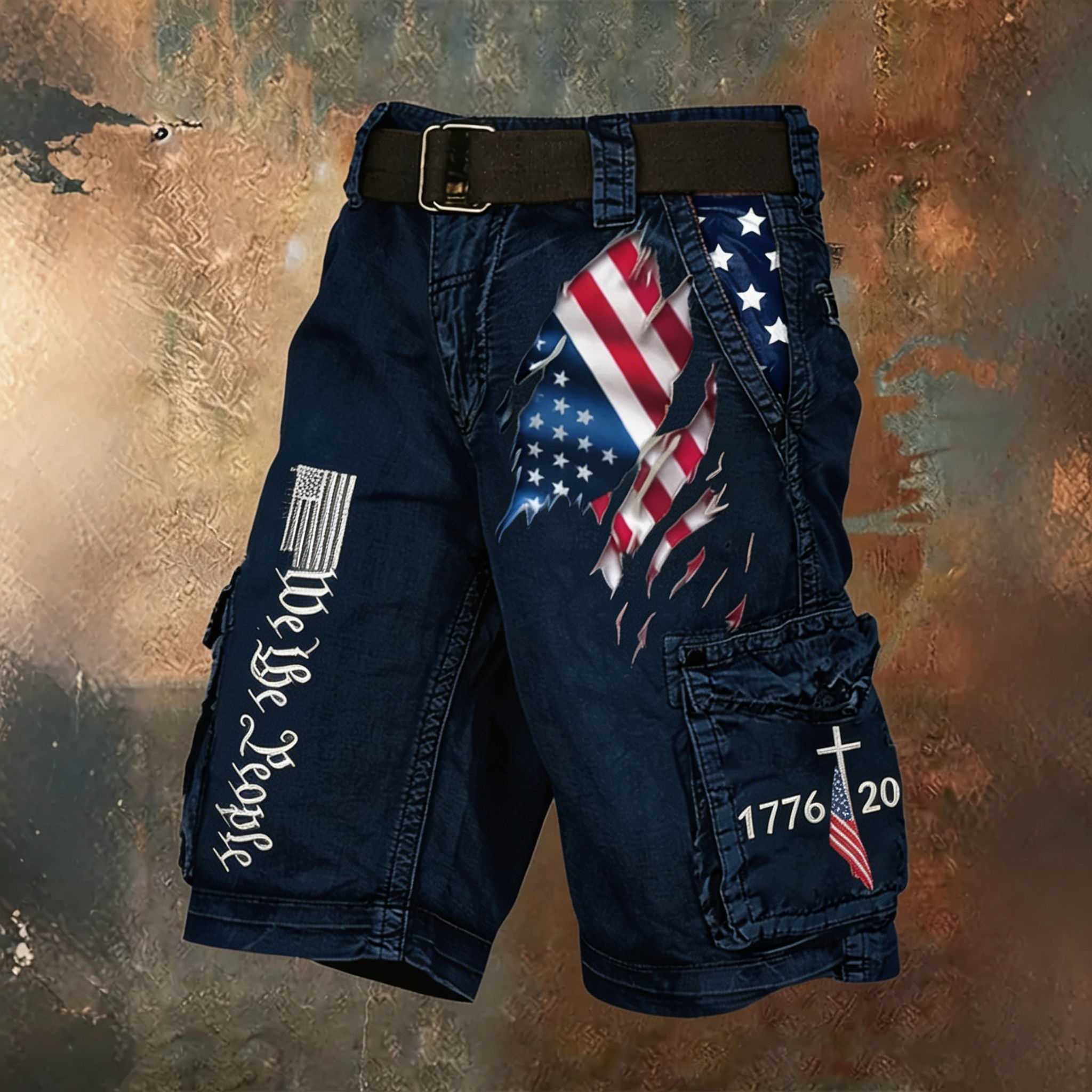 [Copy]Men's Retro Independence Day Flag Print Cargo Shorts