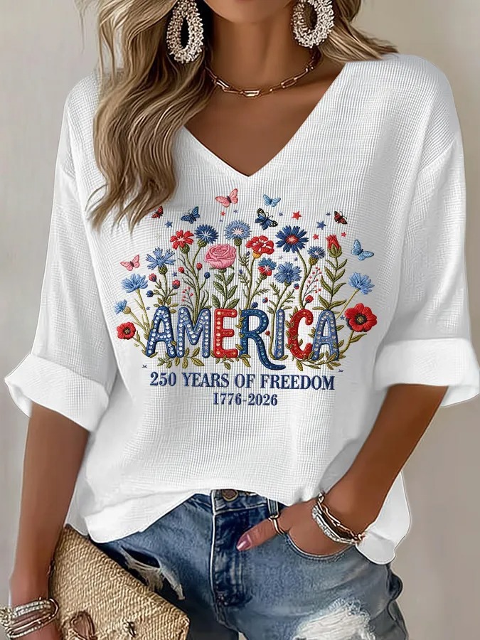 Women's "America 250 Years of Freedom" Floral Embroidered V-Neck T-Shirt