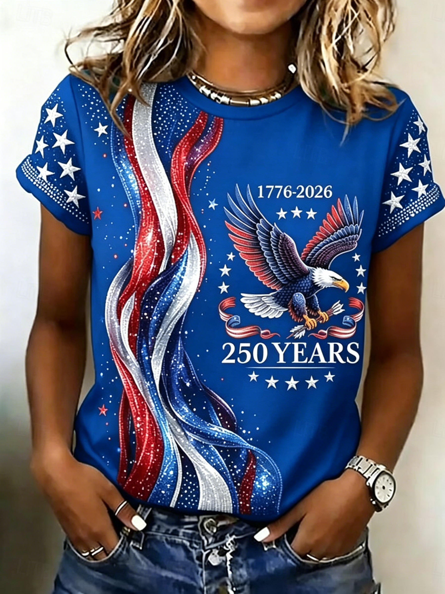 Women’s Patriotic Eagle & Flag Print T-Shirt, 250th Anniversary Top, Multiple Colors Available