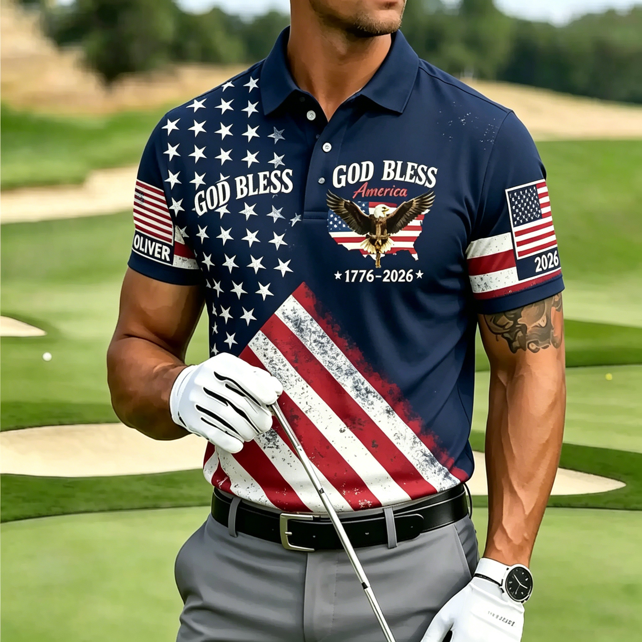 Men's God Bless America Eagle USA Flag 1776-2026 Patriotic Short Sleeve Polo Shirt
