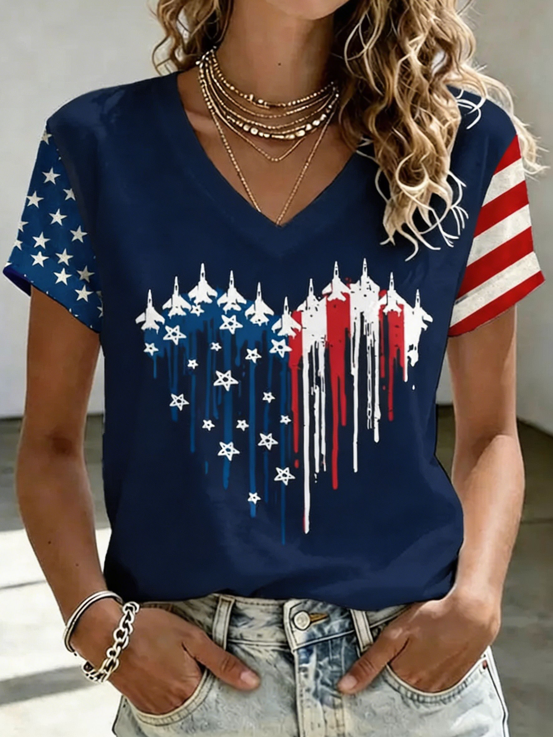 Patriotic USA Jet Flag T-Shirt, Star & Stripe Sleeve V-Neck Casual Top