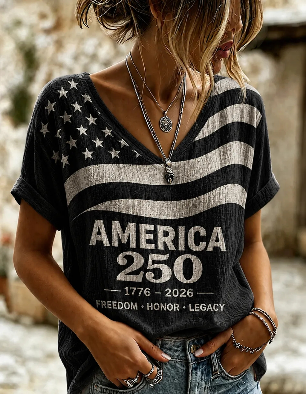 Women Crinkled Textured USA Flag America 250 Patriotic V Neck Short Sleeve T-Shirt