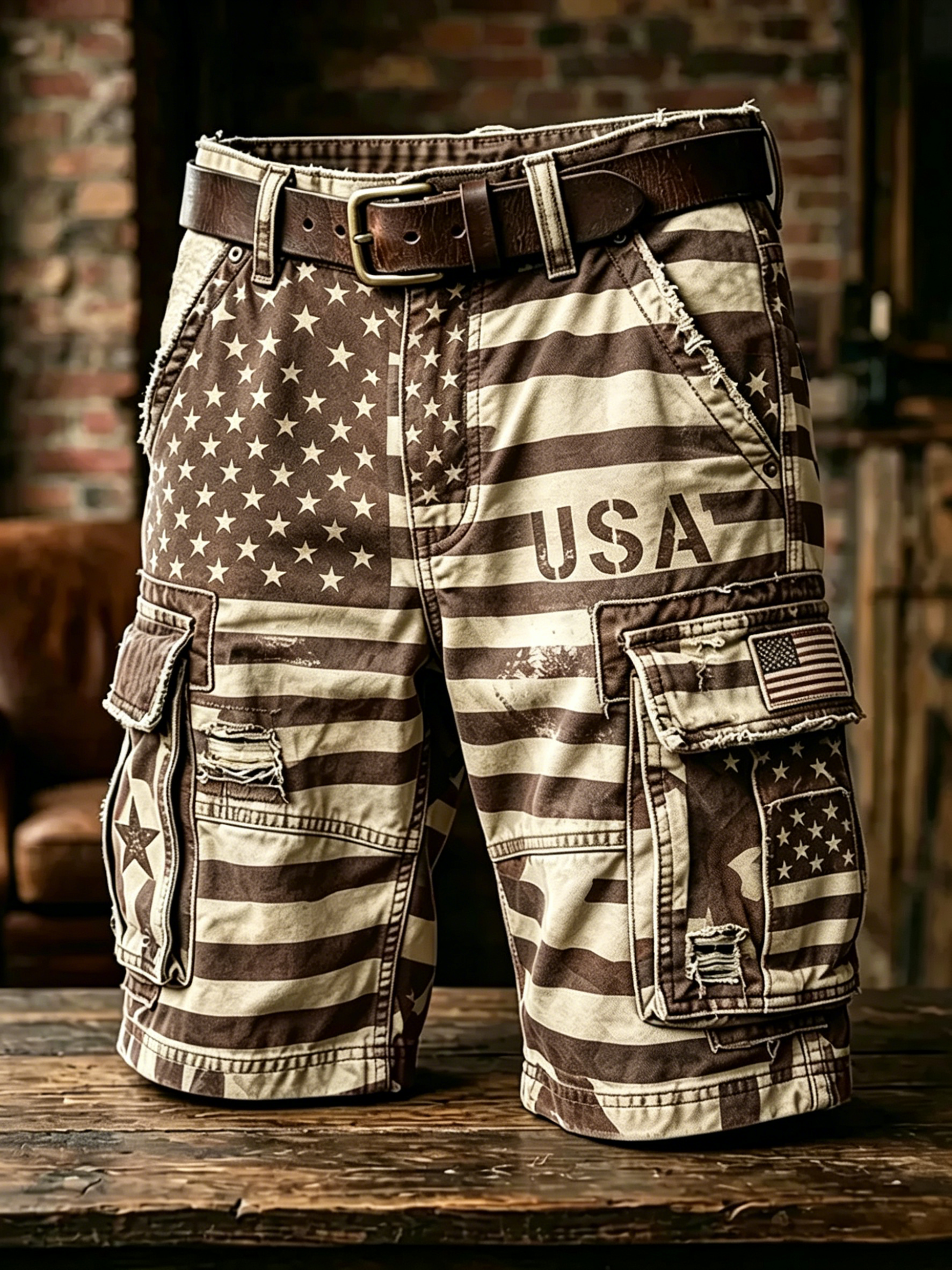 Vintage American Flag Print Cargo Shorts, Patriotic Distressed Multi-Pocket Casual Shorts
