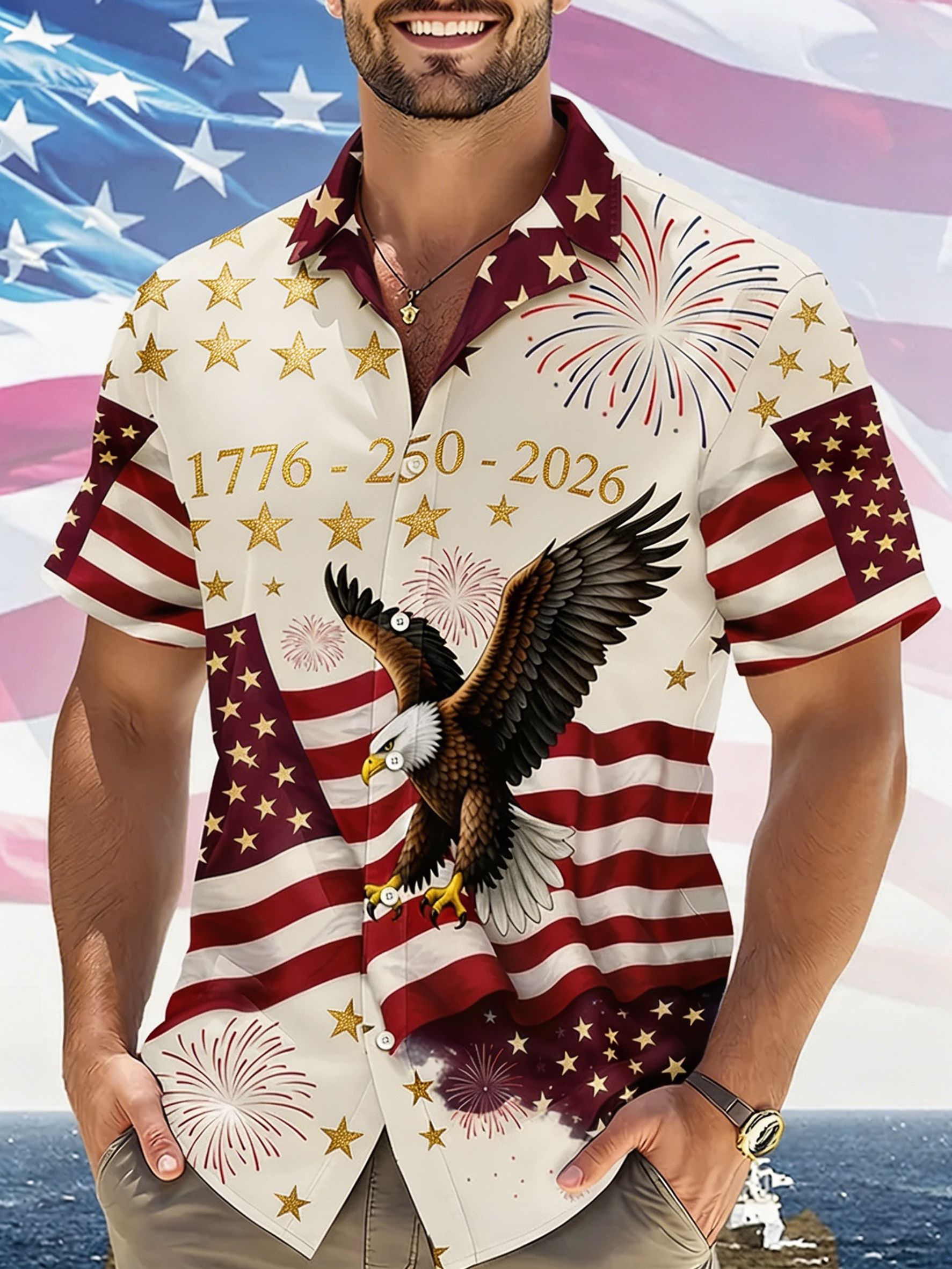 Patriotic USA Eagle Flag Print Camp Collar Shirt, Star & Firework Casual Aloha Shirt