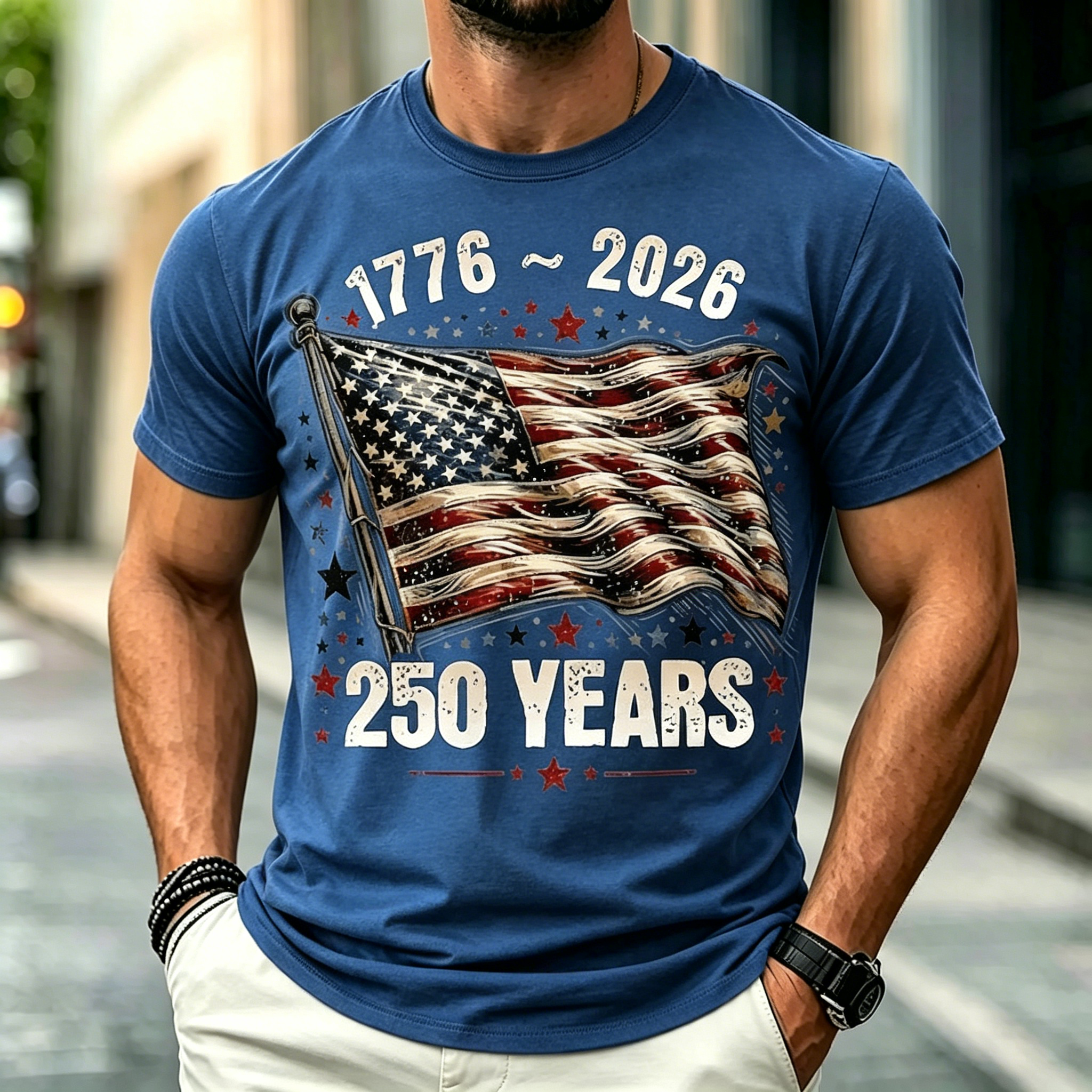 USA 250 Years Patriotic Flag Print Short Sleeve Crew Neck T-Shirt