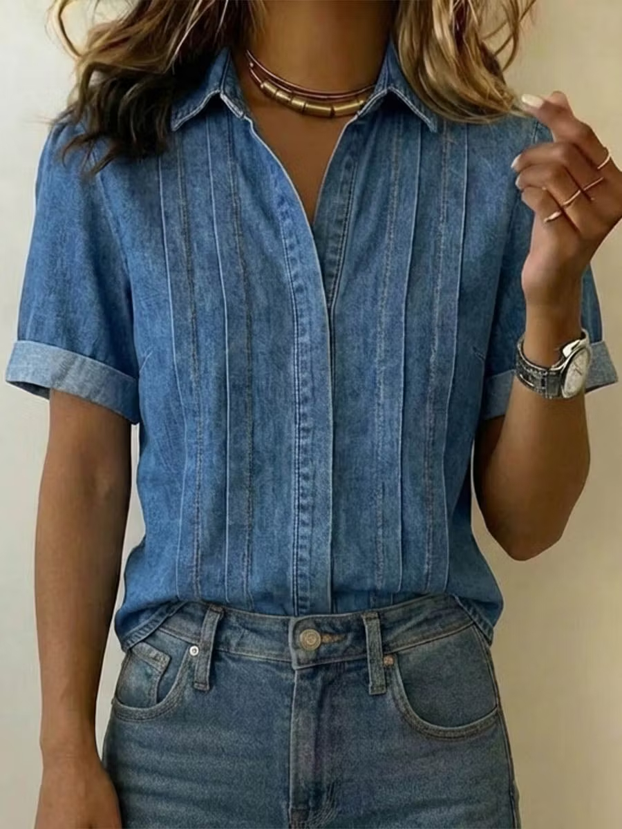 Urban Casual Rolled Sleeve Front Pleat Denim Blouse