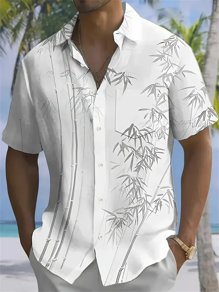Minimal Ink Wash Bamboo Pattern Casual Shirt for Men, Breathable Relax Fit Daily Travel Holiday Short Sleeve Blouse
