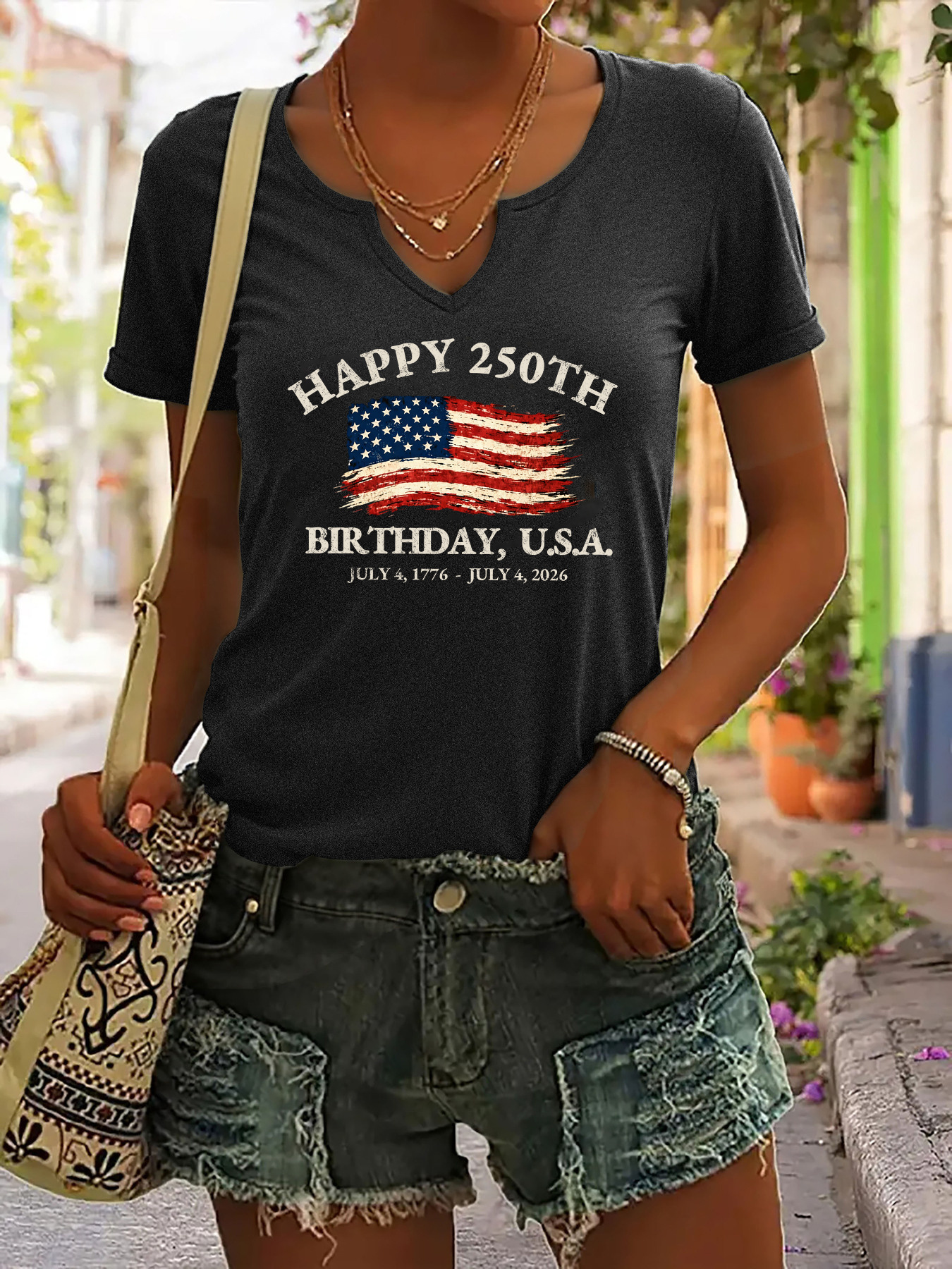 USA 250th Birthday V-Neck T-Shirt – "Happy 250th Birthday, U.S.A." with Distressed American Flag Print, Casual Green Short Sleeve Top