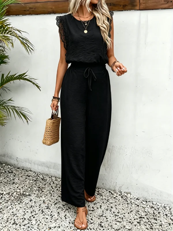 Vacation Scalloped Lace Cap Sleeve Textured Top Elastic Drawstring Wide Leg Pant Two Piece Women Outfit