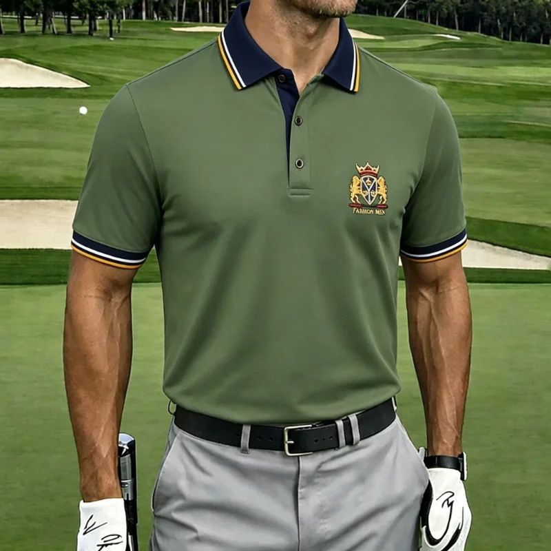 Men’s Collared Short Sleeve Striped Trim Embroidered Crest Moisture Wicking Golf Polo Shirt