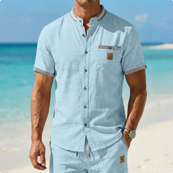 Men’s Striped Trim Mandarin Collar Short Sleeve Full Button Linen Casual Shirt