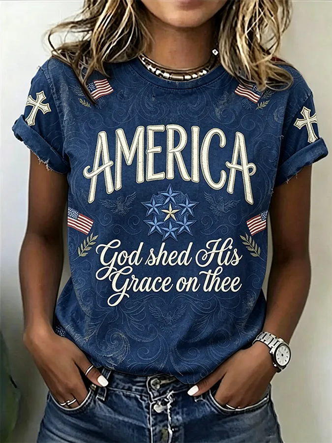 Faith America Scripture Cross Flag Embroidery Crew Neck T-Shirt for Women