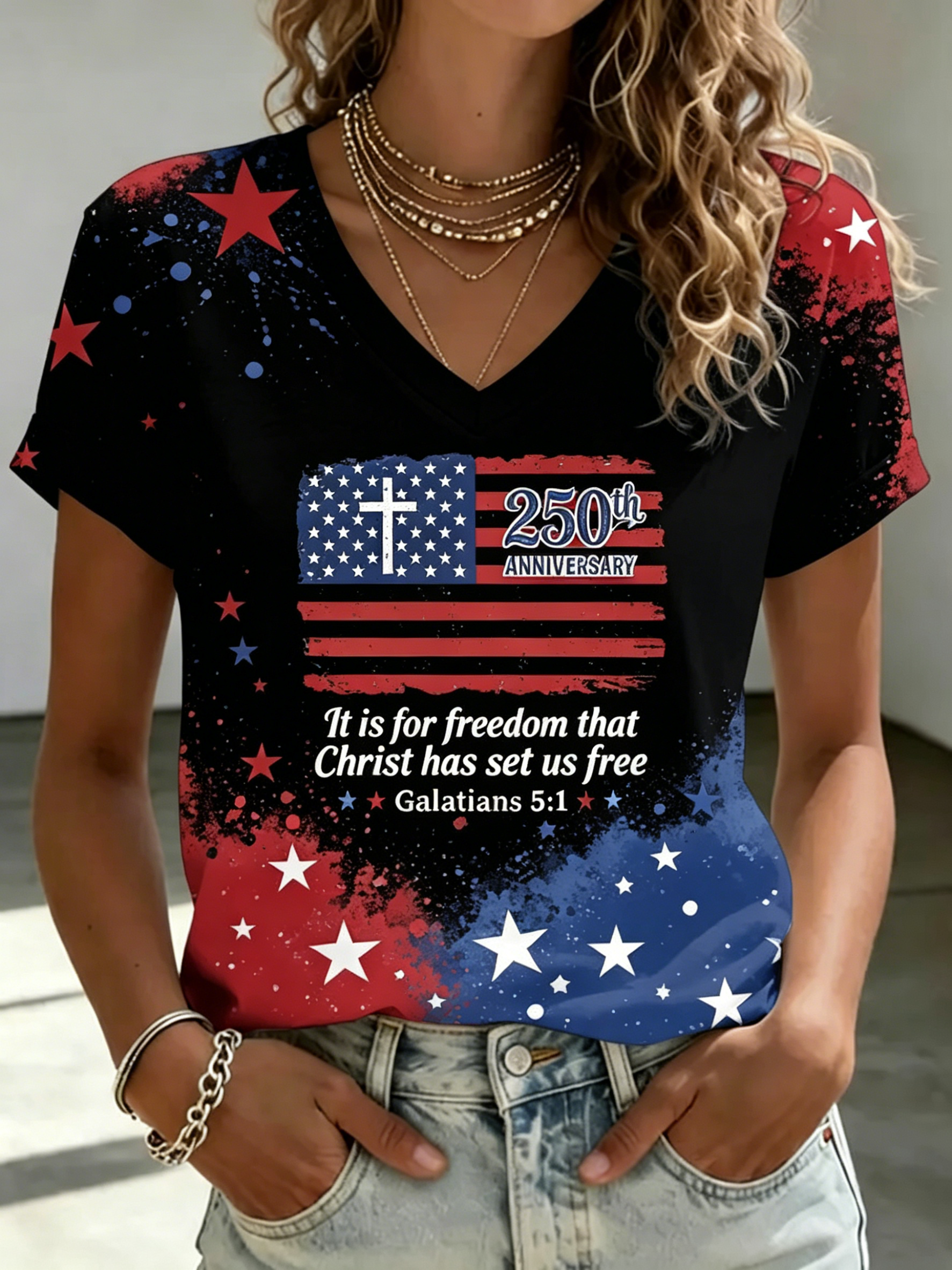 250th Cross Flag Bible Splash Star V Neck Faith T-Shirt for Women