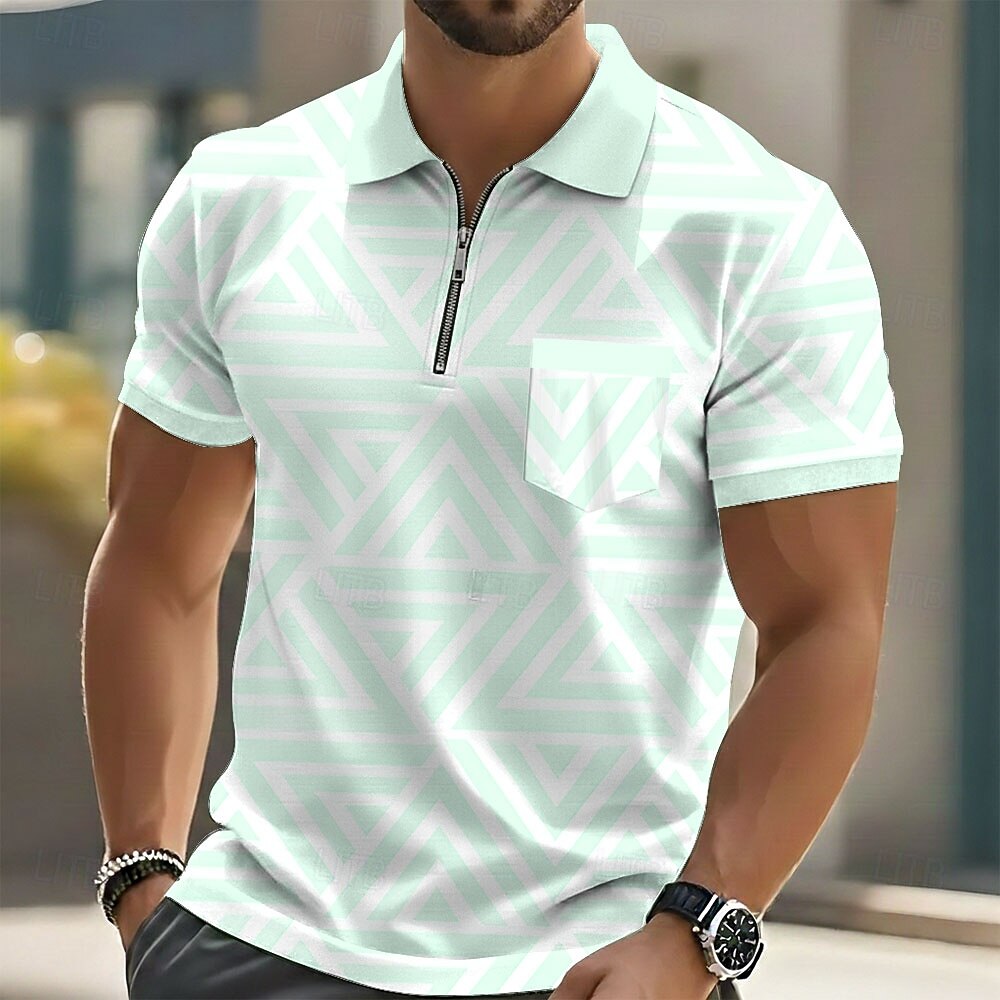 Geometric Triangle Print Zip Collar Pocket Short Sleeve Polo Shirt for Men