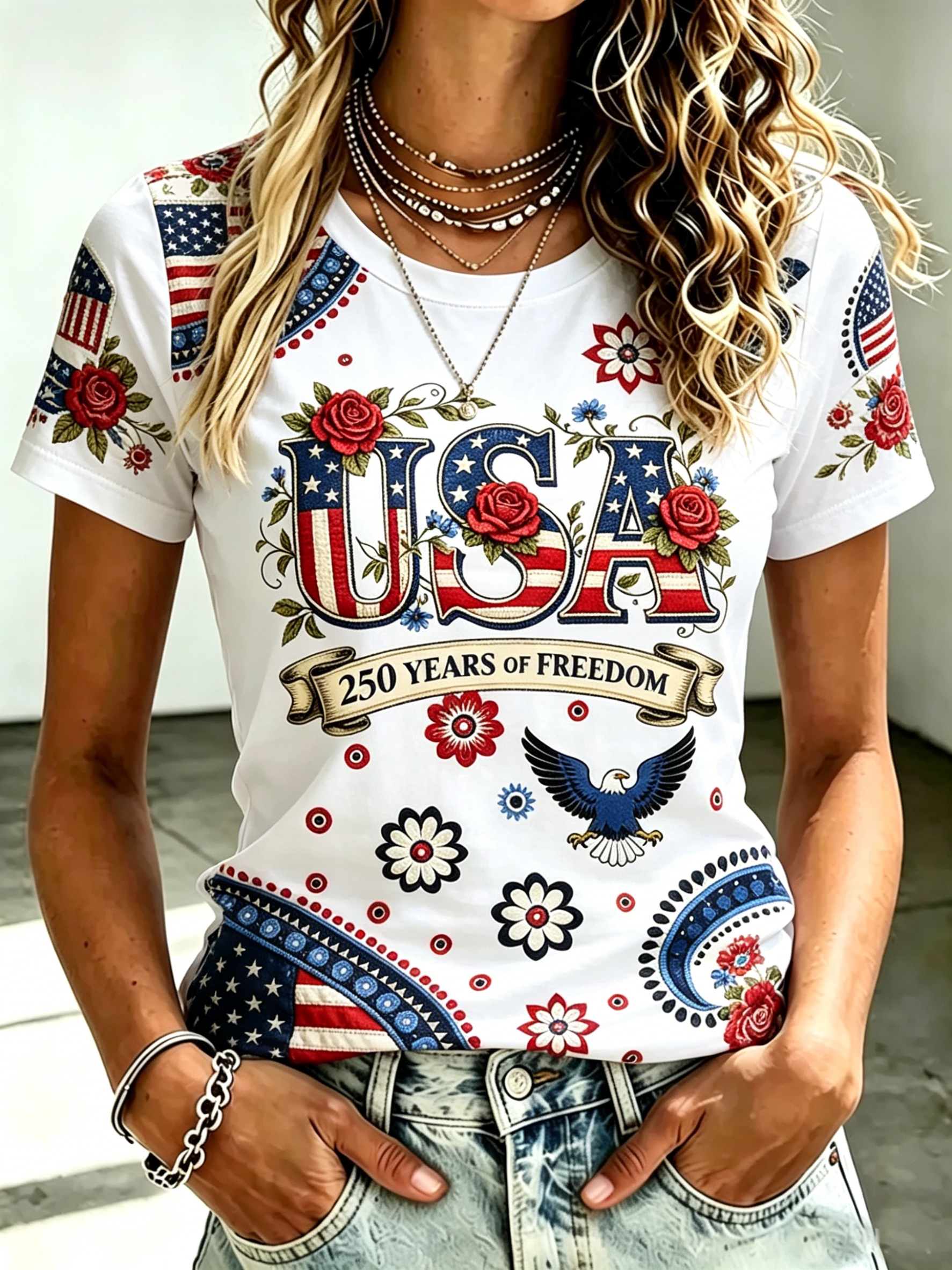 250 Freedom Floral Eagle USA Full Print Crew Neck Patriotic T-Shirt for Women
