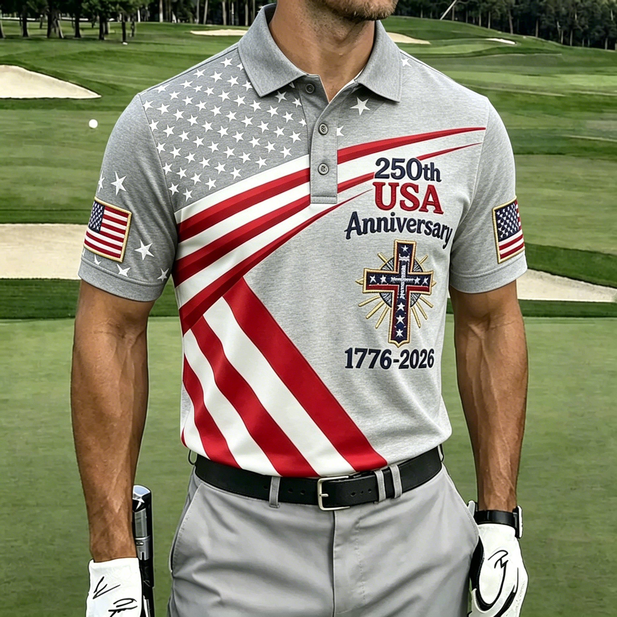 250th Faith Cross Split Star Stripe Print Contrast Collar Golf Polo Shirt for Men