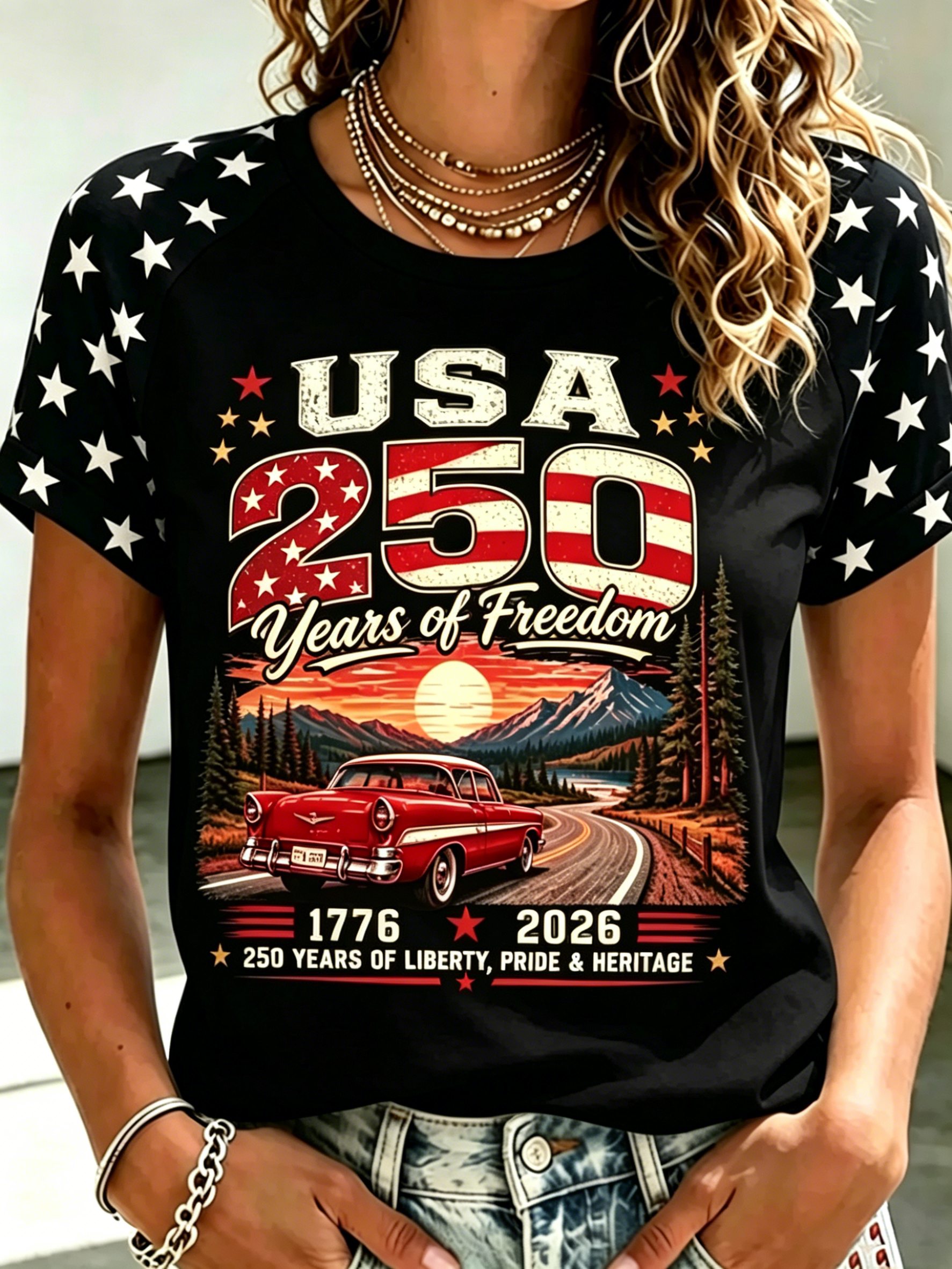 Vintage Mountain Classic Car Star Raglan Sleeve Patriotic Crew Neck T-Shirt for Women