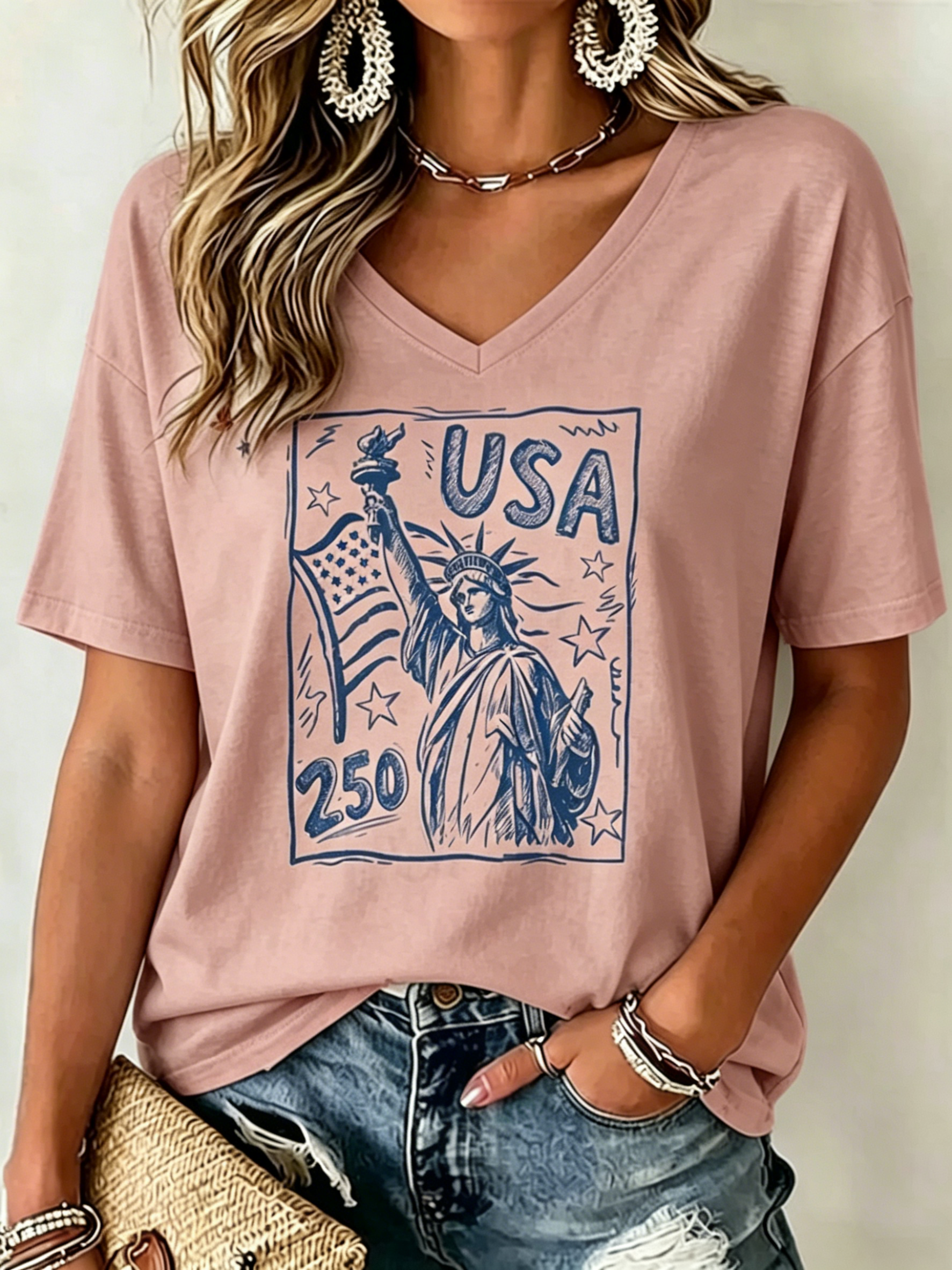 Vintage Newspaper Frame Sketch Statue Of Liberty USA 250th Anniversary Patriotic Print V Neck Oversized Women Basic T-Shirt