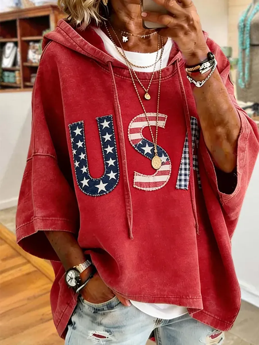 Patchwork USA Letter Applique Hooded Oversized Short Sleeve Hoodie