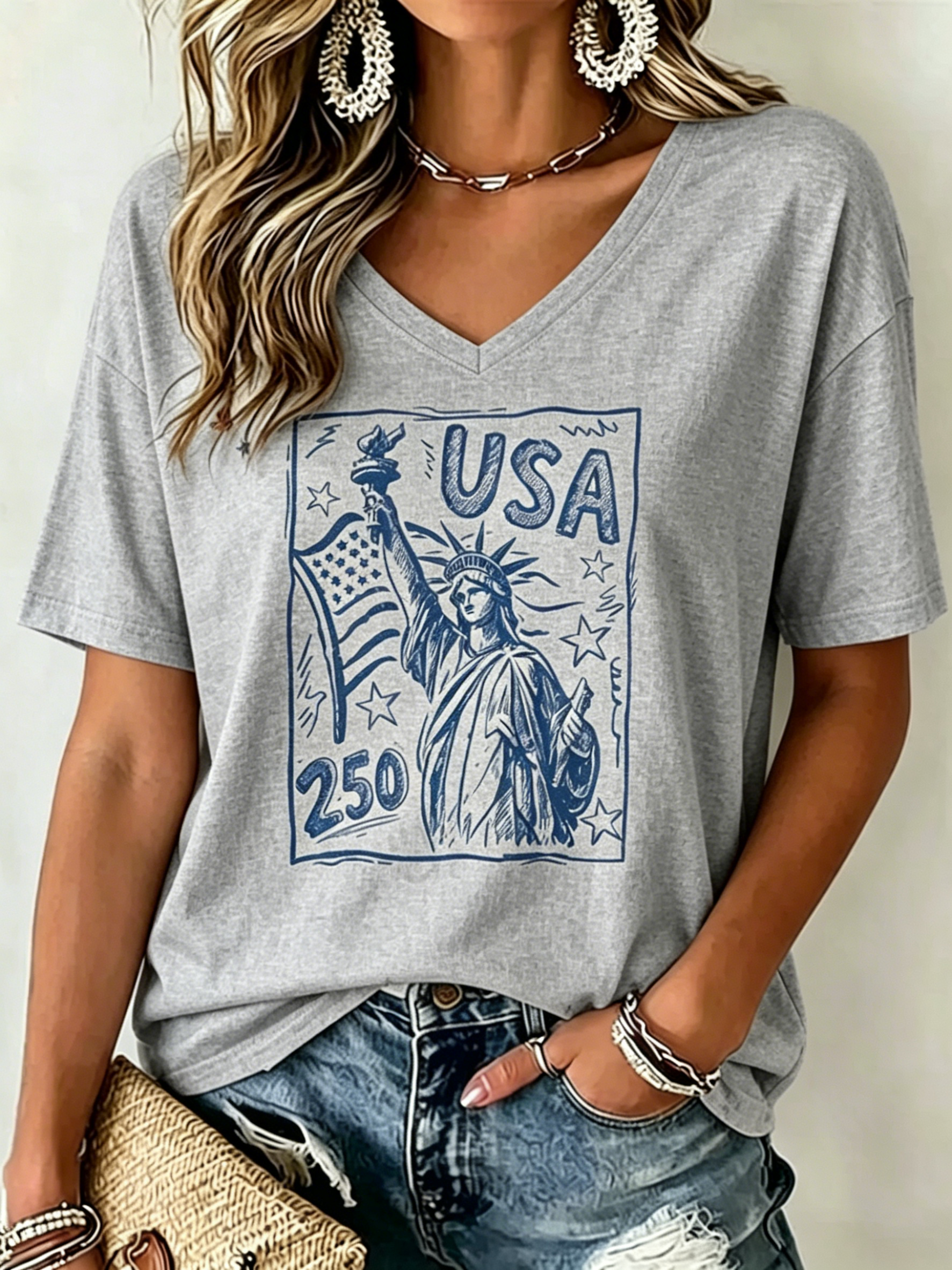 Vintage Newspaper Frame Sketch Statue Of Liberty USA 250th Anniversary Patriotic Print V Neck Oversized Women Basic T-Shirt
