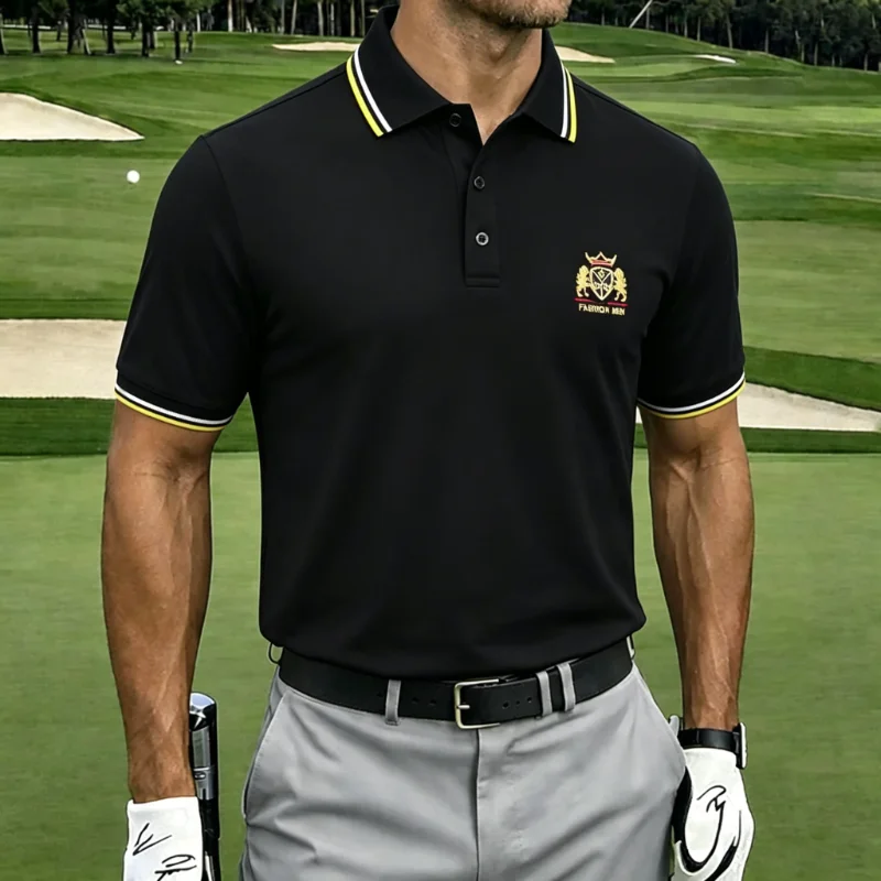 Men’s Collared Short Sleeve Striped Trim Embroidered Crest Moisture Wicking Golf Polo Shirt