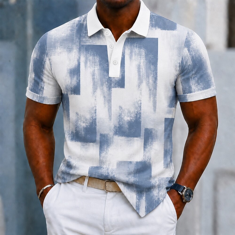 Distressed Block Brush Print Contrast Collar Polo Shirt for Men