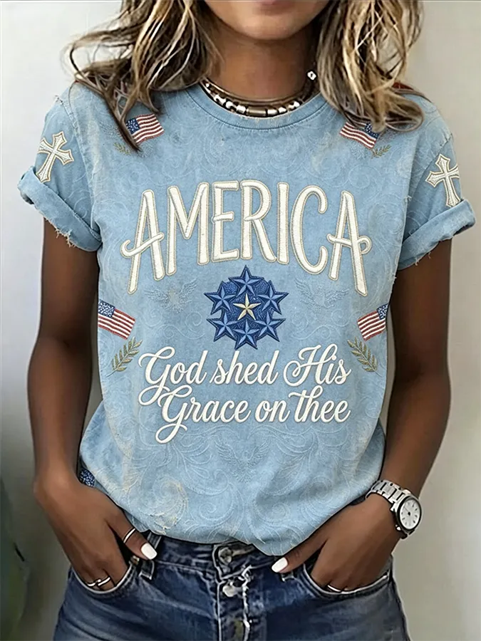 Faith America Scripture Cross Flag Embroidery Crew Neck T-Shirt for Women