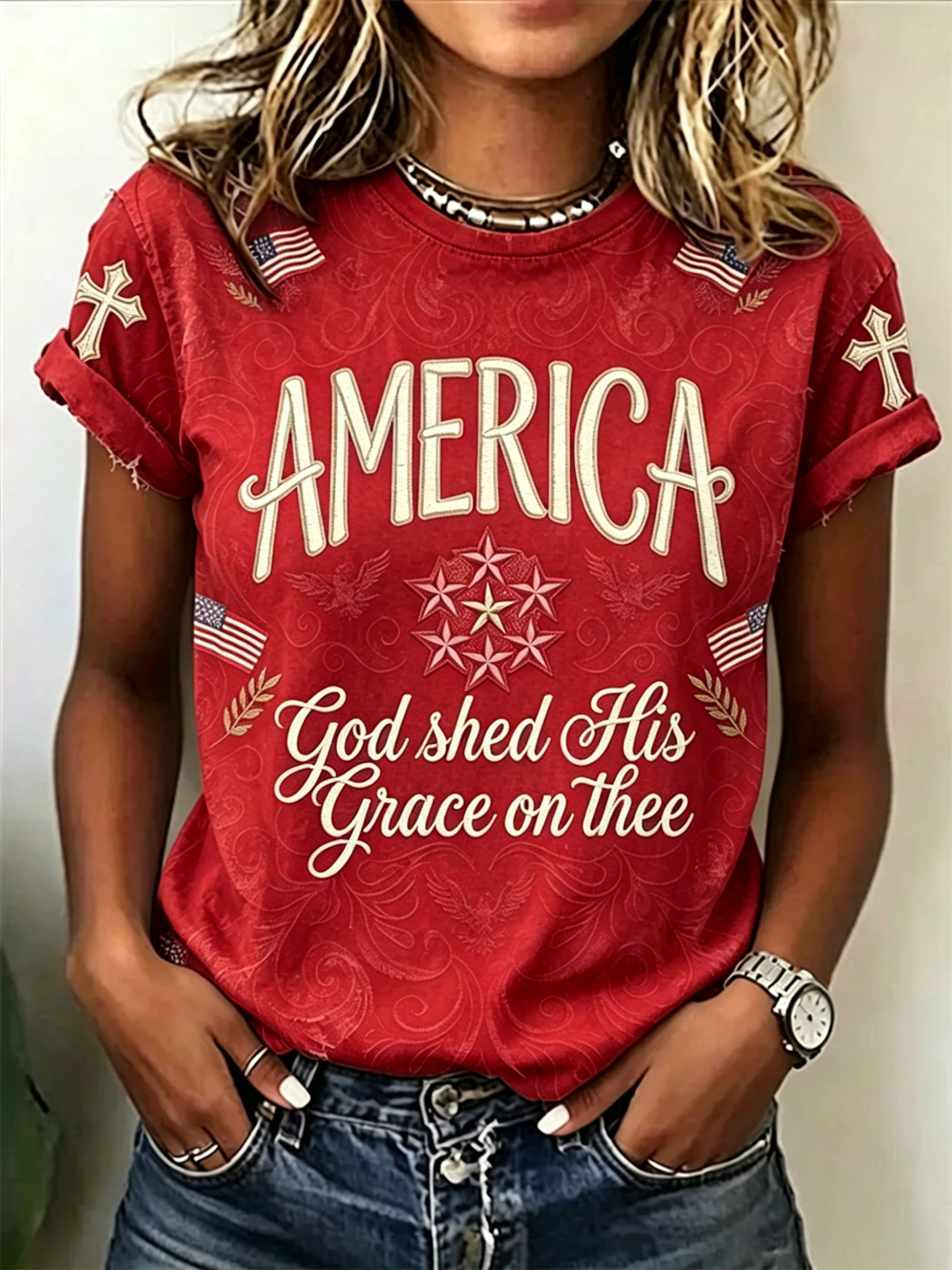 Faith America Scripture Cross Flag Embroidery Crew Neck T-Shirt for Women