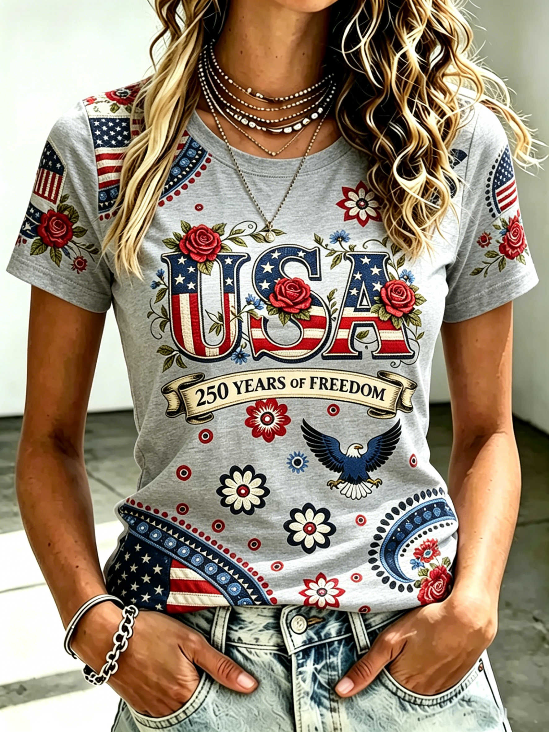 250 Freedom Floral Eagle USA Full Print Crew Neck Patriotic T-Shirt for Women